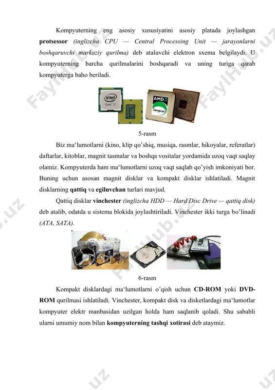 kompyuterlarda ilgari ishlatilgan. xozirda tarixga aylangan. 9-rasm simm 72 -72 bо’linmalik simm. ushbu xotira ikki turga bо’lingan: fpm (fast page mode) va edo (extended data out). fpm turi 486 protsessorlik va birinchi pentium kompyuterlarida 1995 yilga qadar ishlatilgan. sо’ngra edo turi yaratilgan. tashqi kо’rinish jihatidan ikki turi bir xil, faqat markerlangan qog’ozi yordamida ajratsa bо’ladi. 10-rasm dimm - ushbu xotira turi sdram (synchronous dram — baravar ishlaydigan xotira) deb ham nomlangan. 1996-2001 yillar oralig’ida kо’pgina intel chipsetlari, shu qatorda pentium va celeron protsessorlari ham ushbu xotira turini ishlatgan. keyinroq ddr asri boshlanib, simm va dimm turlari tarixga aylangan. hozirgi kunda yangi davr — ddr (ddr2, ddr3) xotiralari davri deyish mumkin. 11-rasm ddr - ddr (double data rate)ni sdramning davomi sifati qarash mumkin. ushbu modul jaxon bozoriga 2001 yilda chiqqan. ddr va sdram ning farqi shundaki, ddr bajaradigan ishni tezlashtirish maqsadida takt chastotasini ikki marta kupaytirish о’rniga, bir takt ichida ma‘lumotlarni …