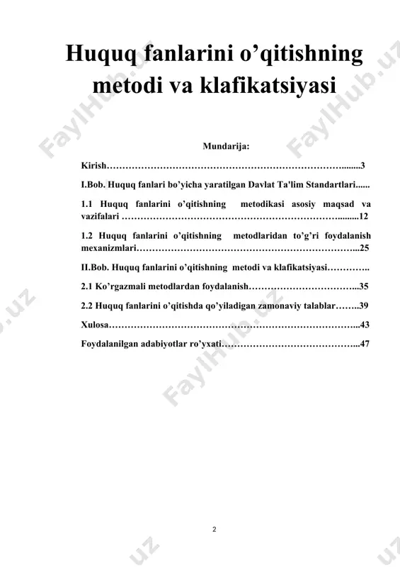 ish fanning maqsadidir. huquq fanlarini o‘qitish metodikasi fanini o’qitishdan yana bir maqsad: - umumta’lim va o’rta maxsus va oliy ta'limi tizimida o’qitiladigan huquq fanlarining maqsadini, ta'lim-tarbiya vazifalari, mazmuni, metod va usullarini, o’quvchilarga huquqshunoslikdan puxta bilim berish; - o’quvchilarni huquqiy ongli, savodli va huquqiy madaniyatli, qonunlarni hurmat qilish ruhida tarbiyalash va kamol toptirishda huquq ta’limini o’qitishning eng muhim vositalarini belgilashga mos bilim, ko’nikma va shakllantirishdir. huquq fanlarini o‘qitish metodikasi fanining vazifasi - talabalar ta'lim va tarbiya jarayonini tashkil etish, ta'lim jarayoning samaradorligini oshirish, zamon talablari, innovatsion pedagogik texnologiyalar asosida huquq fanlarini o’qitishga bo’lgan munosabatlarni shakllantirishdan iborat.[1] ta’lim-tarbiya kishilik jamiyati paydo bo’lishi bilan boshlangan va rivojlangan. bola tug’ilishi bilanoq ota-onasining parvarishi orqali atrof-muhit bilan tanishadi. turmush faoliyati boshlanishi bilan ishlab chiqarish tajribasi va malakalarini o’zlashtiradi, shu jarayonda unda aqliy va jismoniy kamolot, madaniy, axloqiy va estetik qarashlar shakllanadi. shaxsga ta’lim-tarbiya berishni o’ziga kasb qilib olgan kishilar paydo bo’lib, asta-sekin ta’limiy maqsadlar shakllanadi, …