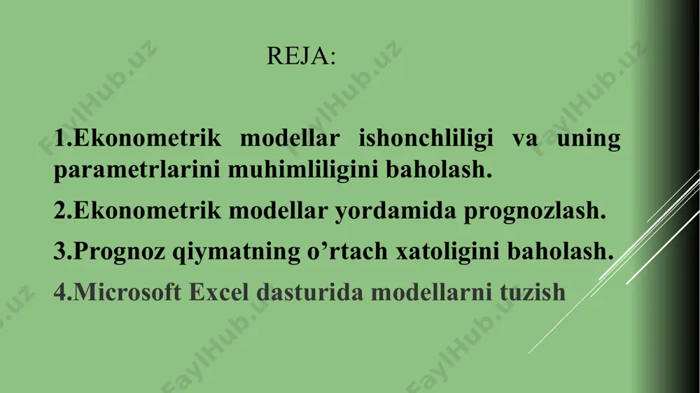 ject11.bin image22.wmf image23.wmf image24.wmf oleobject12.bin oleobject13.bin oleobject14.bin oleobject15.bin image25.wmf oleobject16.bin image26.wmf image27.wmf image28.wmf image29.jpeg oleobject17.bin oleobject18.bin oleobject19.bin image30.wmf oleobject20.bin image28.png image31.png image32.png image33.png image320.png image330.png image34.wmf image35.wmf oleobject21.bin oleobject22.bin to‘g‘ri chiziqli regressiya tenglamasi qo‘llaniladi: 𝑦 𝑥 തതത=𝑎+𝑏𝑥 bu erda: a va b regressiya tenglamasi ning parametrlari ham deyi ladi. ularni aniqlash uchun kichik kvadratlar usuli qo‘llaniladi. ya’ni yoki σ (𝑦−𝑎−𝑏𝑥) 2 →𝑚𝑖𝑛 shartni qanoatlantiruvchi qiymatlari topiladi. ushbu usulga asosan a va b parametrlarning qiymatlari quyidagi normal tenglamalar sistemasi ni echish orqali topiladi: 𝑛𝑎+𝑏 ෍ 𝑥= ෍ 𝑦 𝑎 ෍ 𝑥+𝑏 ෍ 𝑥 2 = ෍ 𝑥𝑦 № ko’rilgan zarar qiymati, mln so’mda yong’in joyidan yong’in stansiyasigacha masova, km 1 26.2 3.4 2 17.8 1.8 3 31.3 4.6 4 23.1 2.3 5 27.5 3.1 6 36.0 5.5 7 14.1 0.7 8 22.3 3.0 9 19.6 2.6 10 31.3 4.3 normal tenglamalar sistemasining parametrlarini hisoblash va regressiya tenglamasini aniqlash va u bo‘yicha …