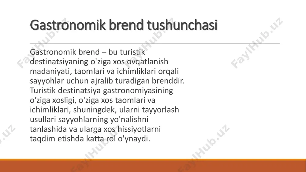 arg'ib qilish va sayyohlar uchun maxsus gastronomik turlarni tashkil etish, turistlar uchun qiziqarli va yodda qoladigan tajriba yaratadi. masalan, pishirish kurslari, oziq-ovqat festivallari va turli gastronomik sayohatlar. 2. gastronomik festival va tadbirlar turistik destinatsiyalar uchun gastronomik festival va tadbirlar tashkil etish, sayyohlar oqimini oshiradi. bu tadbirlar davomida turistlar turli taomlarni sinab ko'rish va yangi gastronomik tajribalarni o'rganish imkoniyatiga ega bo'ladi. 3. gastronomik turlar va ekskursiyalar gastronomik turizmning eng mashhur shakllaridan biri bo'lib, sayyohlarni o'ziga xos oshxonalarga, restoranga, farmakopeyalarga olib boruvchi turlarni tashkil etishdir. bu turdagi xizmatlar, shuningdek, turistlarga o'zlarining gastronomik taomlar bilan bog'liq bilimlarini kengaytirish imkonini beradi. gastronomiyaning turistik destinatsiya rivojlanishiga ta’siri: gastronomiya turizmni rivojlantirish uchun bir nechta muhim funksiyalarni bajaradi: • madaniy merosni saqlash va targ'ib qilish: gastronomiya sayohatchilarga mahalliy madaniyatni ko'rish va his qilish imkonini beradi. o'ziga xos taomlar va oshxona an'analari, mahalliy xalqlarning tarixiy, madaniy va ijtimoiy hayotini ko'rsatadi. masalan, mexiko yoki hindistonda taomlar orqali ularning madaniyati, …