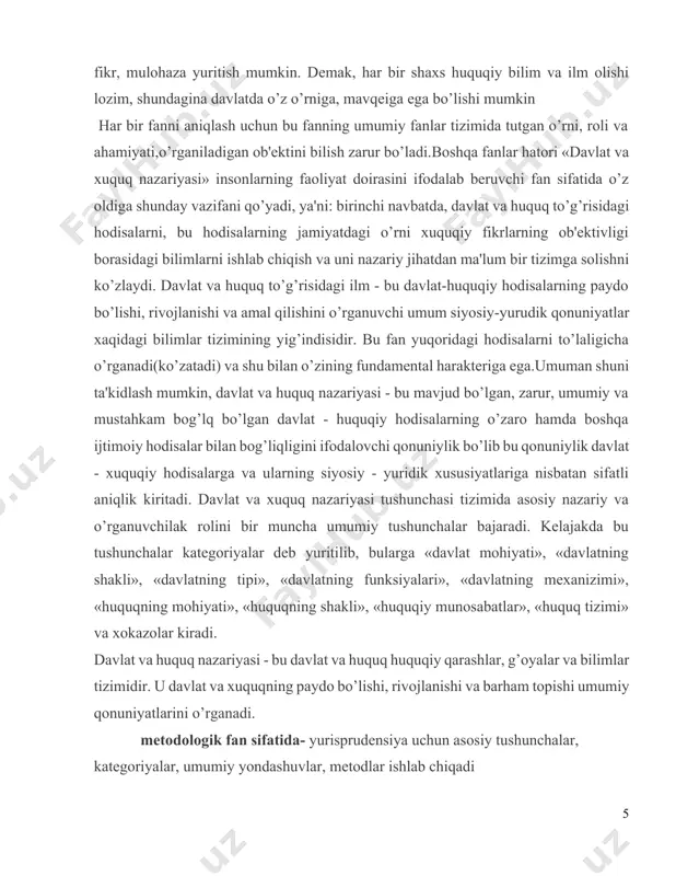 deb o`rgatadi. mantiqiy uslub- davlat va huquq hodisalarini mantiqiy, mavhum holda, mantiqiy qonuniyatlar bilan o`rganish. unda asoslantirilgan va izchil fikr mavjud bo`lib, ziddiyatlarsiz va asosli isbotlashni talab qiladi. uni shakllantirshda mantiq sillogizmlari tayanch bo`lib hizmat qiladi.tarixiy uslub- davlat va huquqni tarixiy rivojlanish shart sharoitlariga bog`lab o`rganish, unda davlat va huquqning tavsifi va rivojlanish bosqichlari tarixiy izchillikda o`rganish. unda davlat-huquqiy hodisalariga 2 xil : vaqt o`lchovida harakatlanish, nazariy jihatdan anglash jarayonlari kuzatiladi. sistemali-strukturali usul- fan va uning predmetini mustaqil ijtimoiy sistema sifatida, uni davlat va huquqni jamiyat hayotining boshqa hodisalari tizimida o`rganish , uning strukturasi, hodisalarni tarkibiy element sifatida bilish usuli. unda quyidagilarga e`tabor qaratiladi a) sistema qismlari bir butun kompleks b) sistema tashqi muhit bilan aloqador c) tahlil qilinayotrgan sistema boshqa yirikroq sistemaning tarkibiy qismi d) o`rganilayotgan sistemaelementlari kichik sistemalarni hosil qilishi. qiyosiy- huquqiy usul- qiyoslash, taqqoslash, chog`ishtirish orqali davlat va huquq voqeliklarini o`rganish, ularning o`ziga xos jihatlari va xususiyatlarini …