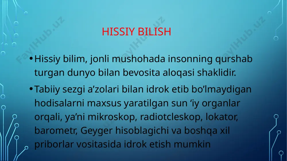 g’ayrimantiqiy tarzda haqiqat deb hilishdir. intuitsiya sezgi va aql harakatiga qarshi turmaydi, balki bilishning hissiy va ratsional jihatlari bilan birgalikda chiqib, ulami to’ldiradi. intuitsiya feromeni uzoq o’tmishdan boshlab o’ziga e’tiborni tortib kelgan. ved yaratuvchilari, pifagor va uning izdoshlari, aflotun va aristotel o’zlari bevosita bilish deb tushungan intuitsiya jumbog’ini ochib berishga uringanlar. xvii asrda r.dekart intcllcktual intuitsiya haqida la’lirnot yaratadi. dekartning fikricha, ilmiy bilish asosida yotgan boshlang‘ich g'oyalarning haqiqatligi intuitiv tarzda anglab yetiladi, bilish subyektinmg aqli bilan bevosita aniqlab olinadi. e’tiboringiz uchun raxmat image2.png image3.jpeg image4.jpeg image5.jpeg image6.jpeg image7.jpeg /docprops/thumbnail.jpeg