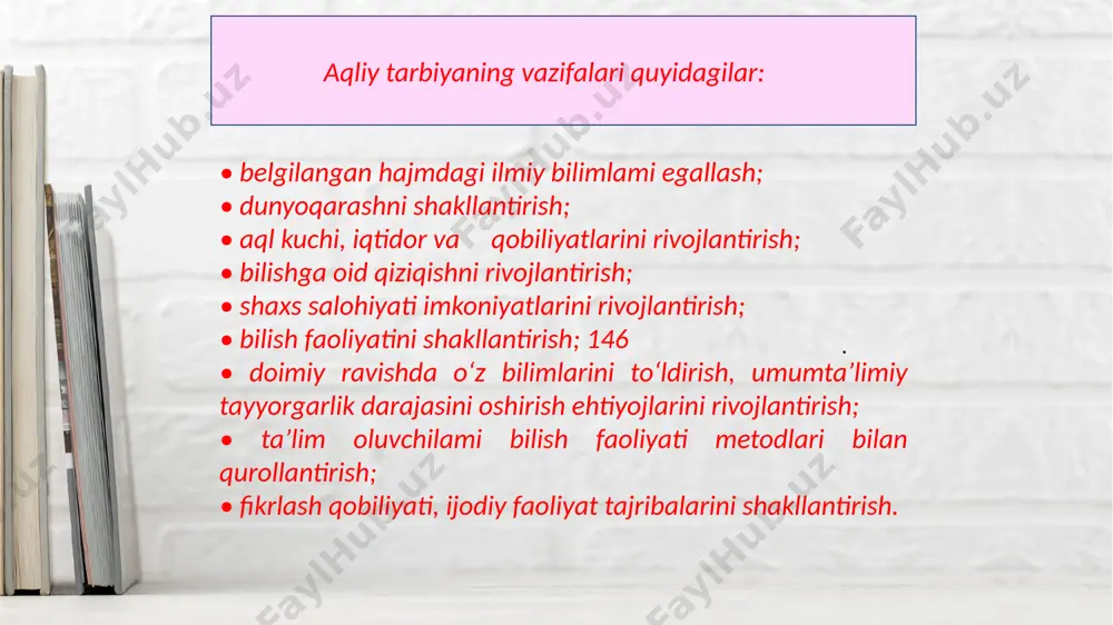h, mustaqil o‘rganish ko‘nikmalarini rivojlantirish hamda tafakkur jarayonini boshqarish (metakognitiv yondashuv). bunda o‘qituvchi o‘quvchilarga tayyor bilimlarni yetkazuvchi emas, balki ularga fikrlash jarayonini o‘rgatuvchi, savollar orqali izlanishga yo‘naltiruvchi rahbar bo‘lishi kerak. dars jarayonida o‘quvchilarning mantiqiy fikrlashini faollashtirish uchun savol-javoblar, muammoli vaziyatlar, mustaqil izlanish topshiriqlari keng qo‘llanilishi lozim. o‘quvchilarning aqliy tarbiyasi – bu faqat aqlni o‘stirish emas, balki tafakkur madaniyatini shakllantirish jarayonidir. bu jarayonda bola nafaqat “nima”ni o‘rganadi, balki “nega”, “qanday” va “nimaga kerak” degan savollarga o‘zi javob izlaydi. shu ma’noda, aqliy tarbiya bola tafakkurining individual shakllanishi bilan bir qatorda, uning ijtimoiy ongini ham rivojlantiradi. aqliy tarbiya jarayonida madaniy muhit, oilaviy tarbiya, milliy qadriyatlar va til katta rol o‘ynaydi. masalan, o‘zbek tilining boy iboralari, maqollar va hikmatlari orqali o‘quvchida mantiqiy fikrlash, chuqur anglash va obrazli mushohada yuritish qobiliyatlari shakllanadi. o‘z milliy fikrlash doirasida ulg‘aygan bola o‘zga madaniyatlarni ham tahlil qilishga, solishtirishga va murosaga borishga o‘rganadi. shuningdek, aqliy tarbiya – bu doimiy muloqot, …