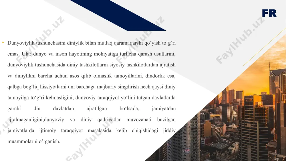 chi prezidentimiz islom karimovning quyidagi so‘zlarini eslash o‘rinli: “dunyoviylik bu dahriylik degani emas. din va diniy e’tiqod butunlay rad etiladigan hayot esa qanday g‘ayriinsoniy ekanini biz kechagi tariximiz misolida yaxshi bilamiz” alloma “biz kecha va kunduzni qudratimizni ko‘rsatib turadigan ikki belgi (mo‘jiza) qilib qo‘ydik” (isro, 12) oyati tafsirida ham qimmatli mulohazalarni ilgari suradi: islom dini taʼlimotiga koʻra, din — alloh tomonidan oʻz paygʻambarlari orqali bashariyat olamiga joriy etilajagi zarur boʻlgan ilohiy qonunlardir. tabiat va insonni yaratgan, ayni vaqtda insonga toʻgʻri, haqiqiy hayot yoʻlini koʻrsatadigan va oʻrgatadigan ilohiy qudratga ishonchni ifoda etadigan taʼlimotdir. fr 9 e’tiboriz uchun rahmat добавить нижний колонтитул 10 fr image1.jpg image2.png image3.jpg image4.jpg image5.jpg