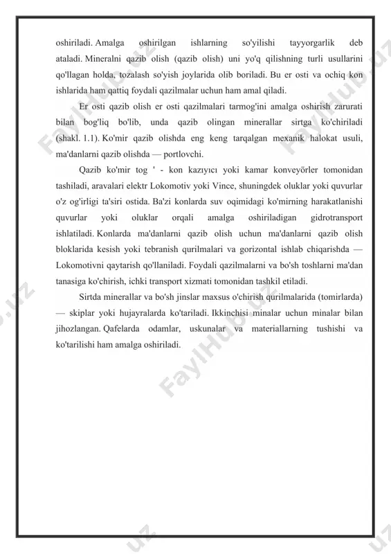 ash jarayoni shamollatish deb ataladi. minaga kiradigan havo oqimi yangi deb ataladi. tog ' ishlab chiqarish jarayonida toza havo chiqadigan gazlar va chang bilan ifloslangan. bunday havoning oqimi chiquvchi deb ataladi. shaxta ventilyatsiyasi va xavfsizlik texnikasining holatini nazorat qilish ventilyatsiya va xavfsizlik texnikasi uchastkasi tomonidan amalga oshiriladi; * tog ' ishlab chiqarishga kiradigan va suv kollektsiyasida to'plangan suvni olib tashlash. tog ' ishlab chiqarishga kiradigan suvni yig'ish va olib tashlash tizimi drenaj deb ataladi. depozitning katta suv miqdori bilan uning drenajlanishi amalga oshiriladi; • ishlaydigan mashinalar va elektr va pnevmoyenergiya (bosimli havo); * minaga kiradigan havoni tozalash. bu jarayon chuqur ma'dan va konlarda amalga oshiriladi, bu yerda ma'dan atmosferasining harorati tog ' jinslaridan chiqadigan issiqlik tufayli mehnatning noqulayligiga olib keladi; * qish mavsumida havo isitgichlarida isitiladigan qattiq iqlimli hududlarda ma'danga xizmat qilish; * gazodinamik hodisalarning (ko'mir va gazning to'satdan chiqishi va tog ' zarbalarining) va endogen yong'inlarning oldini olish bo'yicha …