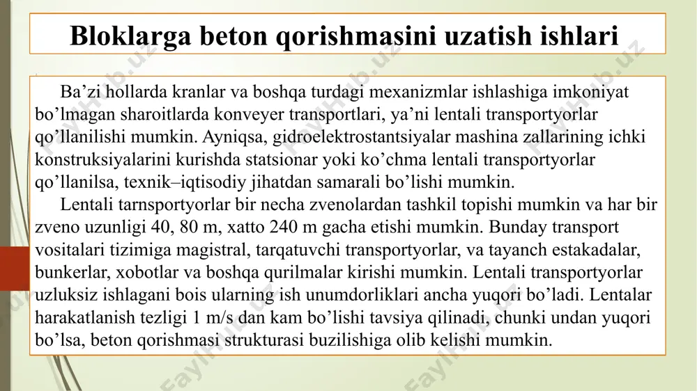 ish imkoniyatlari bo’lmaganda transport vositalari sifatida kabel–kranlar qo’llanilishi yaxshi samara berishi mumkin. kabel–kranlar asosan minora yoki machta ko’rinishidagi ikkita tayanchdan, temir arqonlar (troslar) tizimi, lebedkalar va yuk aravalaridan iborat. kabel–kranlar qo’llashning yana bir ustunligi shundan iboratki, qurilish jarayonida ular yordamida betonlashtiriladigan bloklarni tayyorlash, armature konstruksiyalari va qoliplarni o’rnatish jarayonlarini ham amalga oshirish mumkin. kabel–kranlar beton qorishmasini badyalar yordamida kerakli joyga yetkazadi. badyadagi beton qorishmasi tez to’qilsa, badyaning yuqoriga sakrash xodisasi yuzaga kelishi mumkin va bu holat ish jarayoni uchun xavfli hisoblanadi. shu sababli beton qorishmasini bir tekisda sekin to’kish uchun voronkali xobotlar qo’llanilishi tavsiya qilinadi. bloklarga beton qorishmasini uzatish ishlarini qurilmalar, moslamalar va maxsus mashinalar qo'llab mexanizatsiyalash bloklarga beton qorishmasini uzatish ishlarini qurilmalar, moslamalar va maxsus mashinalar qo'llab mexanizatsiyalash xulosa kichik hajmda beton ishlarini bajarishda va ish fronti katta bo’lmagan sharoitlarda (beton uzatish balandligi va masofasi katta bo’lmagan) avtomobil kranlar eng qulay vositalar hisoblanadi. shuningdek, xuddi shunday sharoitlarda harakatlanish organi …