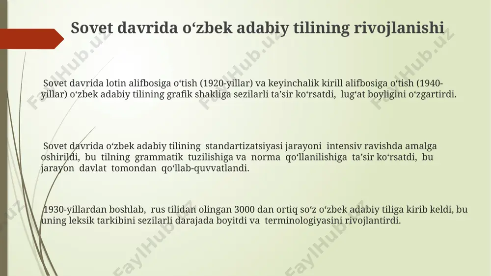 ср охиридаги жадидчилик ҳаракати ўзбек адабий тилининг ривожланишига 10 дан ортиқ янги адабий жанрларнинг пайдо бўлишига сабаб бўлди, бу эса луғат бойлигининг кенгайишига ҳисса қўшди. xx аср бошларидаги ўзбек адабиётида 20 дан ортиқ ёзувчи ва шоирлар ўз асарларида халқ тили элементларидан кенг фойдаланганлар, бу эса адабий тилнинг бойишига олиб келди. chagʻatoy adabiy tili чағатой адабий тили 15-16-асрлардаги туркий халқларнинг адабиёт тили сифатида шаклланган бўлиб, унинг ривожланишига алишер навоийнинг беқиёс хизматлари бебаҳодир. чағатой тилида ёзилган асарларнинг кўпчилигида форсий-тожик тилидан олинган сўзлар ва грамматика элементлари учрайди, бу эса унинг лексик бойлигига таъсир кўрсатган. чағатой адабий тилининг ўзига хос хусусиятларидан бири – мураккаб синтаксис тузилмалари ва шеъриятдаги бадиий воситаларнинг кенг қўлланилишидир. e'tiboringiz uchun rahmat @taqdimot_robot