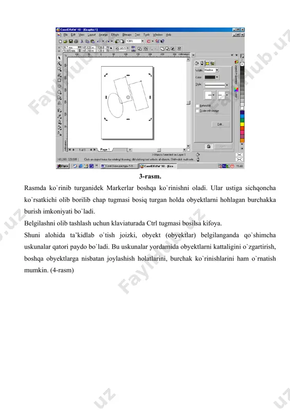 qlar chiqadi. (8-rasm) 8-rasm. bu buyruqlar hammasi alohida vazifa bajaradi. ulardan ayrimlariga, ya’ni bizga kerakli buyruqlarda to`xtalib o`tamiz. group-belgilangan obyektlarni birlashtiradi, ya’ni bitta obyektga aylantiradi. (ungroup-birlashtirishni bekor qiladi) lock objekt-belgilangan obyektni qotirib qo`yadi, ya’ni bu obyekt ustida xech qanday ishlarni bajarib bo`lmaydi. (unlock objekt-qotirishni olib tashlaydi, ya’ni obyekt biz xoxlagan ishni bajarish imkoniga bo`lamiz). order-obyektning boshqa obyektlarga nisbatan joylashishini belgilaydi. obyekt holatlarini o`rnatish jarayonida foydalanuvchi ko`p hollarda order bo`limidan foydalanishga to`g’ri keladi. order bo`limi quyidagi buyruqlardan iborat: 9-rasm. to front-belgilangan obyektni birinchi o`ringa joylashtiradi. to back-belgilangan obyektni oxirgi o`ringa joylashtiradi. forward one-belgilangan obyektni oxiridan ikkinchi o`ringa joylashtiradi. back one-belgilangan obyektni yuqoridan ikkinchi o`ringa joylashtiradi. in front off-belgilangan obyektni kerakli obyektga nisbatan asosiy o`ringa joylatiradi. behind-belgilangan obyektni kerakli obyektga nisbatan ikkinchi o`ringa nisbatan joylashtiradi. obyektlarning ekranda ko`rinish rejimlari bilan tanishib o`tamiz. corel draw dasurida obyektlarni ko`rish rejimlari 5tadan iborat: 1. simple wireframe (qisqartirilgan karkas) 2. wireframe (karkas) 3. draft (eskiz) 4. …