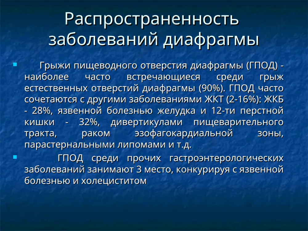 скопических методов ушивания дефекта диафрагмы являются перспективным методом операции, так как они малотравматичны. грыжи пищеводного отверстия диафрагмы грыжа пищеводного отверстия диафрагмы – это смещение абдоминальной части пищевода и части желудка (реже других органов) через отверстие в диафрагме, где располагается пищеводная трубка из брюшной полости в грудную. виды диафрагмальных грыж а - параэзофагеальная грыжа; б - аксиальная грыжа пищеводного отверстия; в – истинная диафрагмальная грыжа; г - ложная диафрагмальная грыжа грыжи пищеводного отверстия 1. скользящие (аксиальные) грыжи: кардиофундальная тотальная желудочная приобретенный короткий пищевод 2. параэзофагеальные грыжи фундальная антральная симптомы при диафрагмальных грыжах желудочно-кишечные легочно-сердечные общие жалобы при грыжах пищеводного отверстия диафрагмы жгучие или тупые боли за грудиной на уровне мечевидного отростка, в подложечной области, в подреберьях, иррадиирующие в область сердца, лопатку, левое плечо боль усиливается в горизонтальном положении и при физической нагрузке. при наклонах туловища вперед боль сопровождается отрыжкой, срыгиванием, изжогой со временем появляется перемежающая дисфагия иногда появляются симптомы кровотечения. которое …