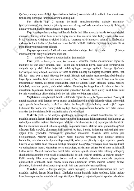 lmonlarning e’tiqodi naqadar mustahkam ekanligini belgilovchi asosiy mezon deb e’lon qilindi. ix-x asrlarda hanbaliylar traditsionalistik dunyo qarashning mukammal tizimini ishlab chiqishga kirishdilar. bu jarayon bir necha janrda (aqidalar, hadis to‘plamlari, hanbaliy ulamolarining asarlari, maxsus ilohiyat risolalari) kitoblar yozilishida o‘z ifodasini topdiki, ularda imon va huquq, musulmon jamoasining tarixi, jamiyatning ijtimoiy - siyosiy tashkilotlari kabi masalalarda traditsionalistik talqin batafsil bayon etildi mutaziliylarning jamiyatning ma’rifatli toifasiga mo‘ljallangan uslubidan farqli ravishda hanbaliylarning bayoni tilining soddaligi va tushunarliligi bilan ajralib turadi. hanbaliylar qur’on va hadislar matnlarini ham aynan (harfan) ham allegorik tafsirlashga qarshi chiqdilar, imon ahkomlarini ratsional talqin etish mumkinligini butunlay inkor etdilar. ular inson taqdiri azaldan alloh tomonidan belgilangan degan fikrda bo‘lsalarda, har bir insonning iymoni uning xayrli amallari bilan bog‘liq deb hisoblaydilar. iymon tushunchasiga asosiy mezon sifatida inson amallarining kiritilishi ularning ijtimoiy faolligini belgilagan omillardan biri bo‘ldi. hanbaliylar ta’limotining muhim jihati e’tiqod va huquq sohasida bevosita qur’on va hadislar bilan asoslanmagan har …