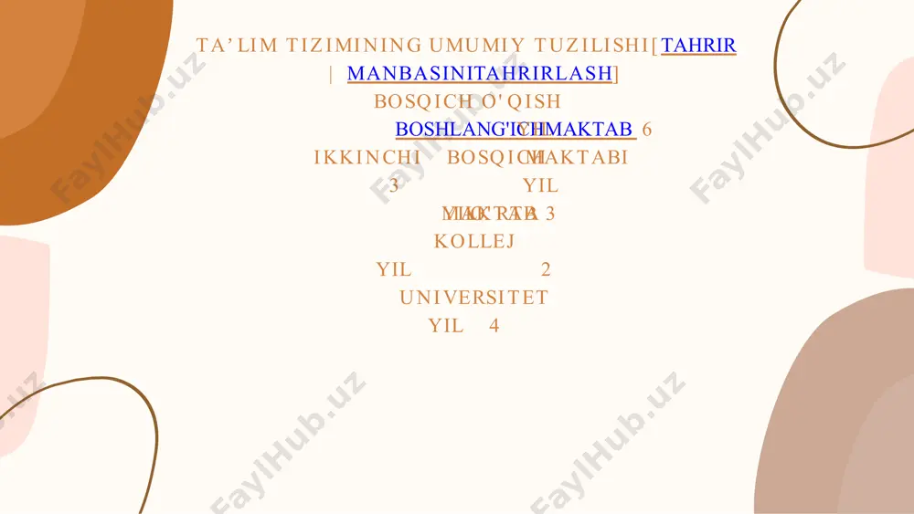 ari mavjud. ularning barchasi qabul qilish uchun juda murakkab imtihonlarni talab qiladi. oʻrta maktablarni jamoat (jamoat) va xususiy maktablarga boʻlish mumkin. bunday maktablar hech qanday mutaxassislik bermaydi, balki oʻz oʻquvchilarini universitetga kirishga tayyorlaydi. biron sababga koʻra universitetda oʻqishni istamaydigan talabalar uchun muhandislik, qishloq xoʻjaligi yoki moliya sohalariga ixtisoslashgan kasb-hunar maktablari mavjud. asosiy fanlar roʻyxatiga koreys va ingliz tillari, matematika, shuningdek turli xil ijtimoiy va tabiiy fanlar kiradi. shuni taʼkidlash kerakki, muayyan fanlar va ularni oʻqitish darajasi har bir maktabda bunday taʼlim muassasalarining ixtisosligiga qarab farq qilishi mumkin. oʻrta maktab oʻquvchilari uchun „oʻz-oʻzini oʻrganish“ mashgʻulotlaridan soʻng yarim tundan keyin uyga qaytish odatiy holdir. boshlangʻich va ikkinchi darajali maktablardan farqli oʻlaroq, oʻrta maktabda oʻqish majburiy emas. shunga qaramay, oecd hisob-kitoblariga koʻra, 2005-yilda yosh koreyslarning 97 foizi oʻrta maktabni tugatgan. bu dunyodagi eng yuqori foiz. koreyada oliy ta'lim koreya ta'limi bir yo'nalishli tizim bo'lib, 6-3-3-4 asosida ishlaydi, olti yillik boshlang'ich maktab, uch yillik …