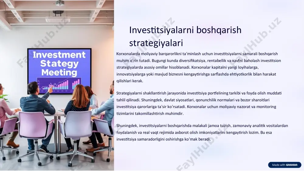 yangi texnologiyalarni joriy etishga intilmoqda. bu ichki nazorat jarayonini optimallashtirish va xatolarni minimallashtirish imkonini beradi. ichki nazorat tizimi samaradorligini oshirish uchun muntazam auditlar, xodimlar o‘rtasida axborot almashinuvi va javobgarlikni aniqlash zarurdir. shuningdek, nazorat tizimi doimiy ravishda yangilanib, korxona ehtiyojlariga moslashtirib borilishi kerak. xulosalar va tavsiyalar korxonalarda moliyaviy menejmentni tashkil etishda hozirgi zamon muammolarining yechimi yuqori darajadagi moslashuvchanlik, integratsiyalashgan texnologiyalar va samarali nazorat tizimlarida yotadi. global iqtisodiy sharoitlardagi noaniqliklar va yangi texnologiyalar bilan hamohang ravishda yangicha yondashuvlarni joriy etish talab etiladi. moliyaviy xavfsizlikni ta’minlash, investitsiya strategiyalarini takomillashtirish va risklarni baholash tizimlarini rivojlantirish korxonalarning barqarorligini oshiradi. shu bilan birga, barqaror rivojlanish tamoyillarini qo‘llash orqali korxonalar o‘z majburiyatlarini kengaytirib, uzoq muddatli muvaffaqiyatga erishishlari mumkin. moliyaviy hisobotlarning shaffofligi va ichki nazorat tizimining samaradorligini oshirish uchun loyiha va treninglarga investitsiya qilish, shuningdek, zamonaviy it yechimlarini joriy etish muhimdir. bu yechimlar korxonalarga xatarlarni kamaytirish va manfaatdor tomonlar ishonchini oshirish imkonini beradi. oxir-oqibat, zamonaviy moliyaviy menejment tizimlari …