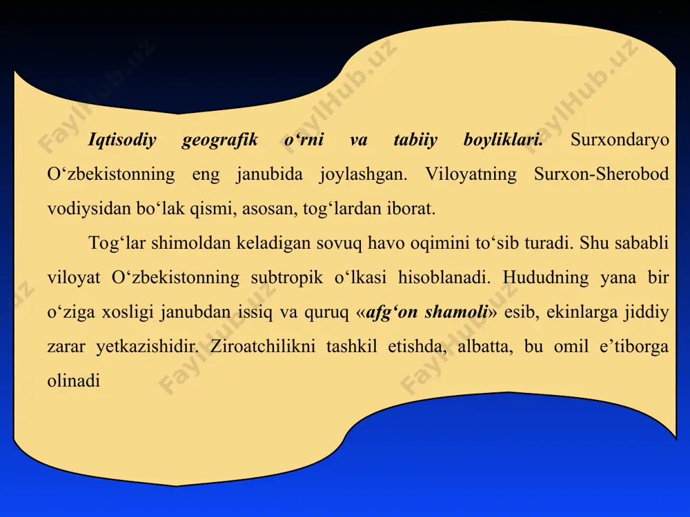 nga va u orqali boshqa davlatlarga chiqariladigan hamda xorijdan keltiriladigan yuklarning talay qismi termiz porti orqali o‘tadi. demak, termiz qishloq xo‘jalik xomashyosini qayta ishlovchi markaz hamda yirik daryo porti sifatida rivojlanmoqda. shaharda paxta tozalash zavodi, sut-yog‘, non va go‘sht kombinatlari, limonad zavodi, binokorlik materiallari ishlab chiqara digan va boshqa mahalliy sanoat korxonalari bor. shaharda zamonaviy ko‘rinishga ega bo‘lgan termiz davlat universiteti viloyatda ilmiy, ma’rifiy va madaniy markaz hisoblanadi (126-rasm). shaharda, shuningdek, kino teatrlar, kutubxonalar, klublar, o‘lkashunoslik muzeyi faoliyat ko‘rsatmoqda. termizda hayvonot bog‘i ham mavjud. denov - qadimgi yirik savdo va hunarmand chilik qishlog‘i o‘rnida bar­po bo‘lgan shahar. 1929-yilda denovdan temiryo‘l o‘tgach, ishlab chiqarish tez rivojlana boshladi. denov sanoati qishloq xo‘jalik xomashyosini qayta ishlashga ixtisoslashgan. unda paxta tozalash, sharob, moy-sut, motor ta’mirlash, g‘isht zavodlar bor. r.shreder nomidagi respublika bog‘dorchilik, uzumchilik va sharobchilik ilmiy tadqiqot institutining tajriba stansiyasi shu shaharda.