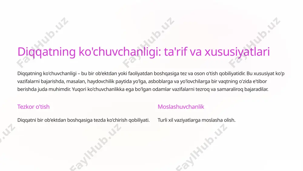 va munosabatlarni yaxshilashga yordam beradi. kelajakdagi tadqiqotlar diqqatni yaxshilashning yangi usullarini, diqqatning buzilishiga olib keladigan omillarni va diqqatning miya faoliyati bilan bog'liqligini o'rganishi kerak. 1 samaraliroq ishlash 2 yaxshiroq o'qish 3 munosabatlarni yaxshilash 11 foydalanilgan adabiyotlar ro'yhati: zufarova - umumiy psixologiya xaydarov, n.xalilova - umumiy psixologiya arxiv.uz e`tiboringiz uchun rahmat!!! image1.png image2.png image3.png image4.png image5.png image6.png image7.png image8.png image9.png image10.png image11.png image12.png image13.png image14.png image15.png image16.png image17.png image18.png image19.png image20.png