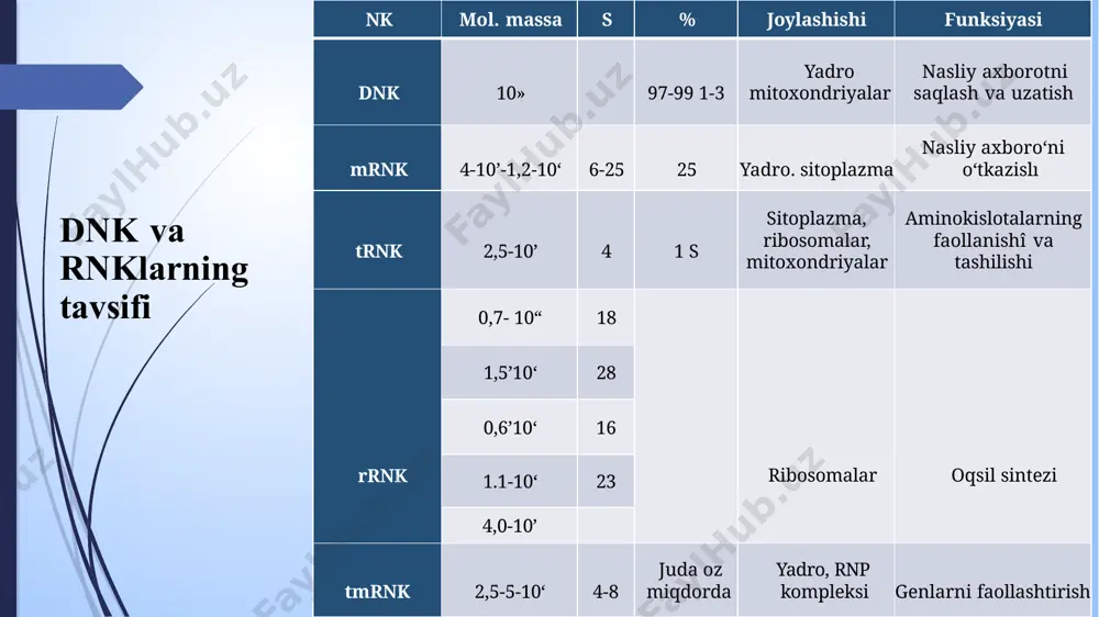 hini ta'minlaydi. har bir dnk molekulasi asl ota-ona molekulasining bitta zanjiri va bitta yangi sintezlangan zanjirdan iborat. ushbu replikatsiya mexanizmi yarim konservativ deb ataladi. hozirgi vaqtda ushbu mexanizm metyu meselson va franklin stol (1958) tajribalari tufayli isbotlangan deb hisoblanadi. ilgari yana ikkita model mavjud edi: "konservativ" - replikatsiya natijasida faqat ota-ona zanjirlaridan iborat bitta dnk molekulasi va faqat qiz zanjirlaridan iborat; "dispersiv" - replikatsiya natijasida olingan barcha dnk molekulalari zanjirlardan iborat bo'lib, ularning ayrim qismlari yangi sintez qilinadi, boshqalari esa ota-ona dnk molekulasidan olinadi. dnk molekulasi ikkiga bo'linadi va ikkita shablon hosil bo'ladi. replikatsiya vilkasidan ikkita andoza chiqadi. (1957) e coli kulturasi avlodlari birdan-bir azot manbai 15n 15nh cl li muhitda o‘stiriladi. natijada e coli hujayralarini tarkibiga kiradigan barcha azot saqlovchi moddalar odatdagi 14n saqlaydigan dnk tarkibida 15n saqlaydigan dnk ga nisbatan katta zichlikka ega bo‘ladi va uni saqlaydigan dnk ga nisbatan katta zichlikka ega bo‘lib, bu jarayonni sentrifugalash yo‘li …