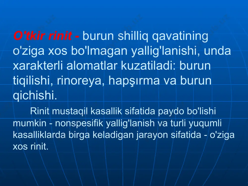 va in'ektsiyasi, uning quruqligi va oqindi yo'qligi qayd etiladi. ii bosqich - seroz oqindi yallig'lanish kuchayadi, ko'p miqdorda shaffof suvli suyuqlik paydo bo'ladi, tomirlardan terlash (transudat). goblet hujayralari va shilliq bezlarning funktsiyasi kuchayishi tufayli burun oqishi seroz-shilliq qavatga aylanadi. kasallikning ushbu bosqichida yonish va quruqlik hissi kamayadi, ammo bezovtalik kuchayadi va burun orqali nafas olish qiyinlashadi. jarayonning ko'z yoshi kanallari va eshitish naychasiga o'tishi natijasida kon'yunktivit va lakrimatsiya, tiqilish va tinnitus hissi paydo bo'ladi. iii bosqich - shilliq yiringli oqindi kasallik boshlanganidan 4-5-kunida sodir bo'ladi. epiteliya hujayralarining virusli shikastlanishi fonida mikrob florasi burun shilliq qavatini kolonizatsiya qiladi. qalin shilliq-yiringli, sarg'ish-yashil rangli oqindi paydo bo'ladi. shilliq qavatning oqishi va shishishi miqdori asta-sekin kamayadi, burun nafasi tiklanadi va umumiy holat yaxshilanadi. kasallik boshlanganidan 8-12 kun o'tgach, o'tkir burun burunlari to'xtaydi . o'tkir rinit - uchinchi bosqich turbinatlarning o'rtacha shishishi. shilliq qavat giperemik, siyanotik tusga ega. oqim kam, shilliq yiringli. o'tkir rinitni bosqichlarga …