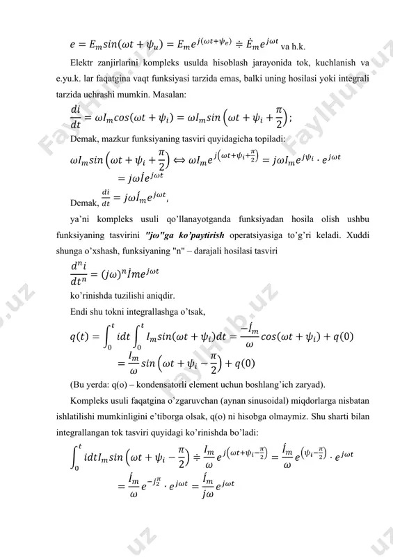 v kuchlanish berilgan. zanjirning parametrlari: ro=0,6 om, r1=5 om; l = 0,0125 h; r2=15 om va c=125 mkf. kompleks usuldan foydalanib, zanjir tarmoqlaridagi toklarning oniy qiymatlari va qismlaridagi kuchlanishlarning pasayishi aniqlansin. yechish. zanjirning to’la qarshiligi: yig’indi tok effektiv qiymatining kompleksi: tarmoqlardagi toklarning komplekslari: r0 qarshilikdagi va ab tugunlar orasidagi kuchlanishlarning komplekslari tegishlicha bo’ladi. tok va kuchlanishlarning oniy qiymatlariga o’tib, quyidagilarni hosil qilamiz. toklar uchun: kuchlanishlar uchun: quvvat kompleksi sinusoidal tok zanjiridagi aktiv, reaktiv va to’la quvvatlarni kuchlanish u va tok i ning berilgan effektiv qiymatlari, shuningdek, bu miqdorlarning vektorlari orasidagi faza siljishi burchagi φ=ψu-ψi orqali hisoblash yuqorida ko’rsatilgan edi, ya’ni p=ui cosφ, q=ui sinφ va s=ui. ammo quvvat kompleksini hisoblash maqsadida kuchlanish ú = uejψu va tok ì= i eiψi vektorlarini to’g’ridan-to’g’ri ko’paytirsak, to’g’ri modulli s=ui bilan bir qatorda fizik real (haqiqiy) bo’lmagan argument φ`=ψu+ψi ga duchor bo’lamiz. agar = ko’paytmaning komplekslari ú (yoki ì) dan birortasining argumenti teskari ishorali …