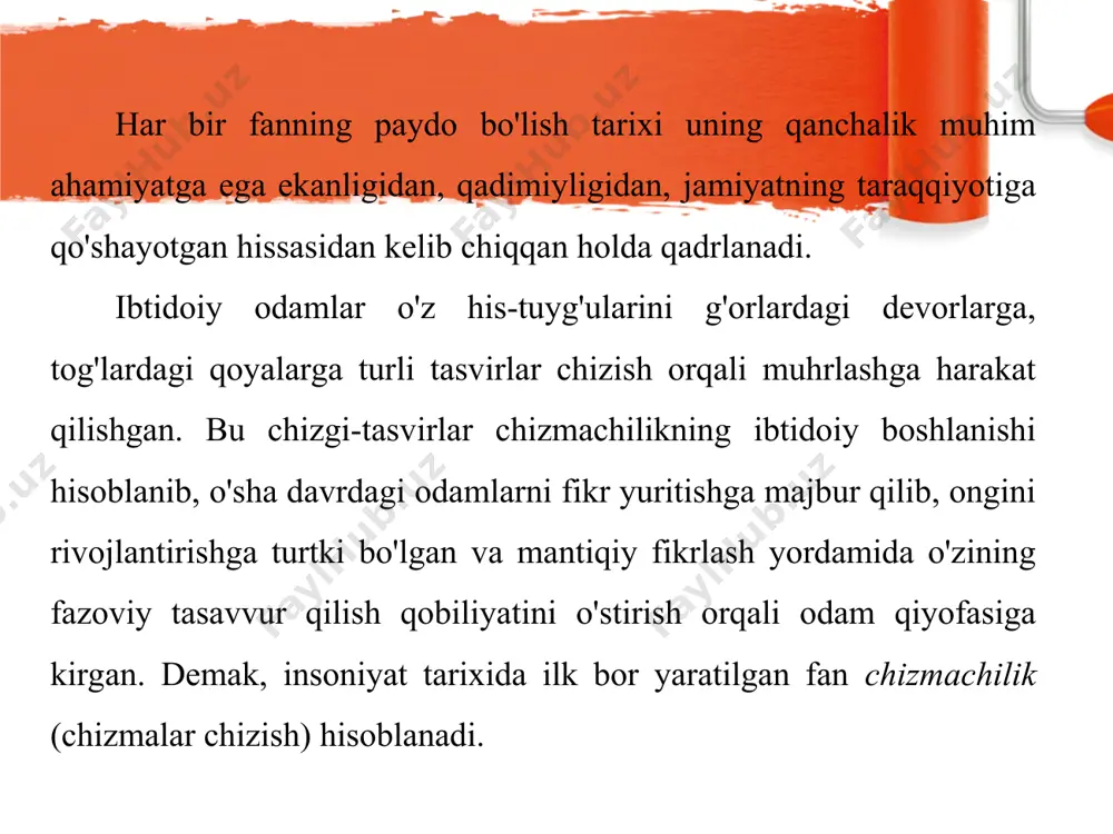 emasligini chizmalar orqali isbotlab bergan. u o'z asarlarida turli mamlakatlar, dengiz va tog'lar, katta daryo va ko'llarning xaritalarini tasvirlagan. olimning chizgan xaritalaridan ba'zilari bizgacha yetib kelgan. abu nasr forobiy (873-950) o'zining geometrik yasashlarga doir asarida konstruktiv geometrik masalalarni yechishni bayon etgan. ayniqsa, o'zgarmas pargor yordamida geometrik masalalar yechishni chizmalar orqali batafsil ba­yon etgan. abu rayhon beruniy (973-1048) shar ichida besh xil muntazam ko'pyoqliklar yasash mumkinligini chizmalar orqali isbotlab bergan. bular noriy - to'rt-yoqlik (tetraedr), orziy - oltiyoqlik (geksaedr), havoiy - sakkizyoqlik (oktaedr), falakiy - o'nikkiyoqlik (dodekaedr), moiy - yigirmayoqlik (ikosaedr)lardir (1.1-chizma). o'rta osiyoda chizmachilikning muqarrarligini abu rayhon beruniyning «jismlar ko'lami fazoda uch tomonga: birinchisi uzunlik, ikkinchisi kenglik, uchinchisi chuqurlik yoki balandlik bo'ylab yo'nalgan bo'ladi. jismning mavhum cho'zilishi (proyeksiyasi) emas, balki mavjud cho'zilishi (haqiqiy katta-ligi) shu uch chiziq bilan aniqlanadi. bu uch tomonning chiziqlari vositasida jism olti yoqqa ega bo'lib, shuncha yoqlari bilan u fazoda chegaralanadi. bu olti yoqlar markazida bir …
