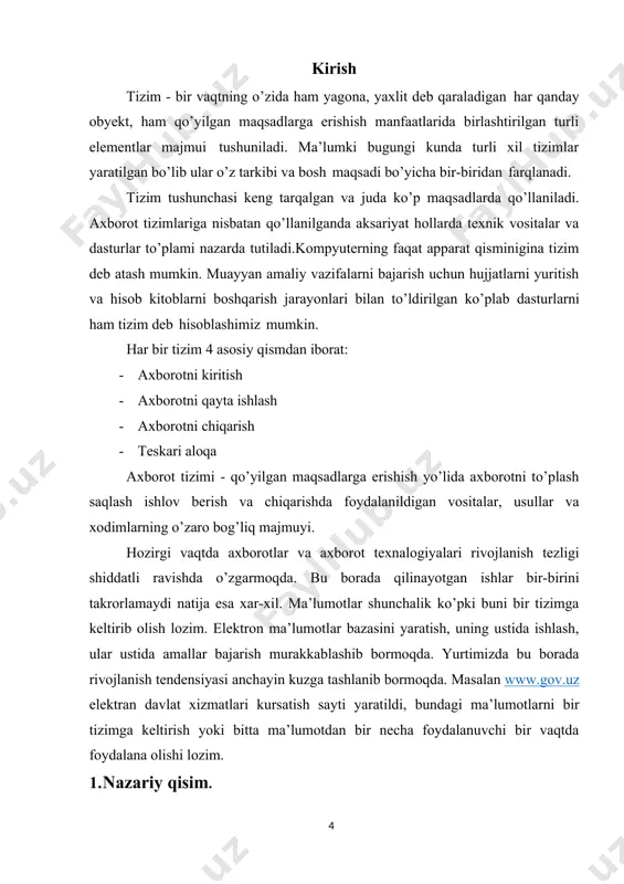 kinligi o`rganiladi. loyihaga qo`yilgan talablar o`rganiladi. foydalanuvchi va loyiha muloqotini ta’minlovchi dialog oynasi yaratiladi. 2. algoritm ishlab chiqish. bu bosqichda natija olish uchun buyruqlar ketma ketligi ishlab chiqiladi. agar natijani bir nechta usullar yordamida olish mumkin bo`lsa dasturchi eng optimal algortimni tanlashi kerak. bu bosqichning natija algoritmik tilda yozilgan buyruqlar ketma ketligi yoki blok-sxema bo`lishi mumkin. 3. loyihalashtirish tilida algoritmni yozish. loyihaga qo`yilgan talablar o`rganilib, masalani hal qilish algoritmi tuzilgandan keyin biror bir dasturlashtirish tiliga algoritm o`giriladi. natijada dastur kodi hosil bo`ladi. 4. otladka. otladka – bu xatolarni topish va tuzatish bosqichidir. loyihada xatoliklar ikki xil bo`lishi mumkin: sintaksis (matndagi xatolik) yoki algoritmik. sintaksis xatoliklar oson tuzatiladi. algoritmik xatoliklarni tuzatish qiyinroq. loyiha bir necha xil qiymatlarda to`g`ri ishlasa otladka oxiriga yetgan hisoblanadi. 5. testdan o`tkazish. loyiha boshqa foydalanuvchilarga mo`ljallanib tuzilgan bo`lsa, testdan o`tkazish bosqichi muhimdir. bu bosqichda o`zgaruvchilarga katta qiymatlar yoki boshqacha (masalan sonli o`rniga matnli) qiymatlar kiritilib ko`riladi va …
