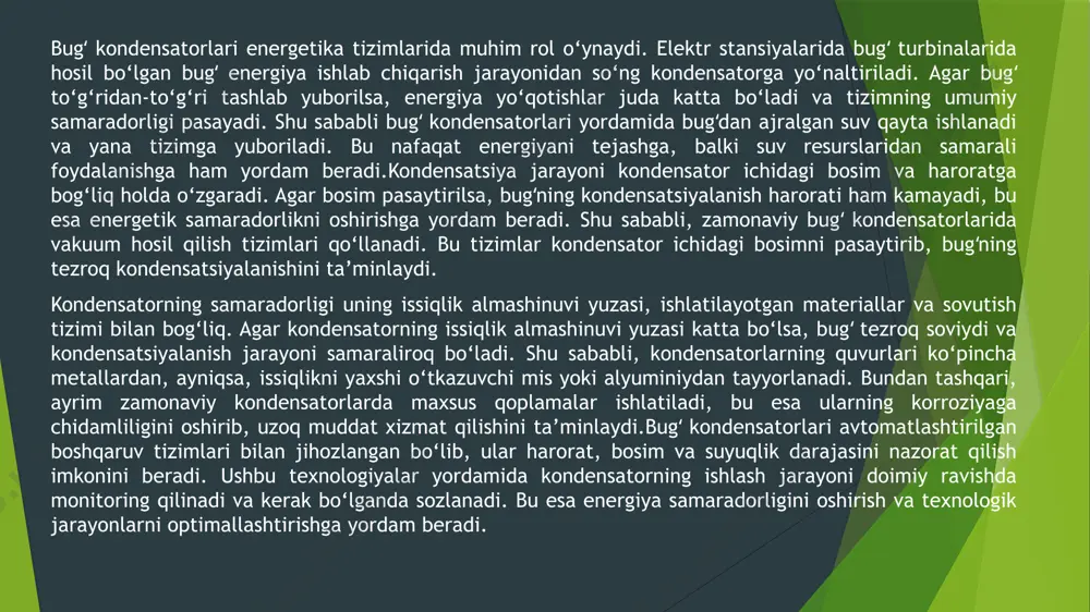hlatiladi. vakuum darajasi yetarlicha yuqori bo‘lsa, bugʻ kondensator ichida tezroq suyuqlikka aylanadi va sovutish jarayoni yanada samarali amalga oshadi.kondensatorning ishlash samaradorligi uning rejalashtirilgan ish sharoitlariga mos kelishini ta’minlash uchun muntazam ravishda hisoblab chiqiladi. agar hisob-kitoblar natijasida kondensatorning samaradorligi past bo‘lsa, uning o‘lchamlarini oshirish, sovutish tizimini takomillashtirish yoki quvurlar materialini yaxshilash kerak bo‘ladi. bundan tashqari, kondensatorni loyihalash jarayonida uning foydalanish muddati, texnik xizmat ko‘rsatish talablarini ham inobatga olish muhimdir. bugʻ kondensatorining hisoblash metodikasi faqat nazariy hisob-kitoblardan iborat emas, balki amaliy sinovlar va eksperimental tahlillar bilan ham mustahkamlanadi. energetik tizimlar uchun ishlab chiqilgan har bir kondensator oldindan laboratoriya sharoitida sinovdan o‘tkaziladi va ularning haqiqiy ish samaradorligi baholanadi. ushbu sinovlar natijasida kondensatorning optimal parametrlari aniqlanadi va uni ishlab chiqarish jarayonida texnik o‘zgarishlar kiritilishi mumkin.kondensatorning samarali ishlashi uchun uning ichki yuzalarida bugʻ qoldiqlari yoki ifloslanishlarning oldini olish muhim hisoblanadi. agar quvurlar yuzasi ifloslansa, issiqlik almashinuvi samarasiz bo‘lib qoladi va kondensatorning ishlash samaradorligi pasayadi. shu …