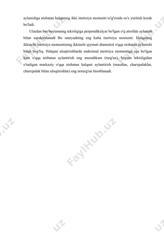 batan halqani aylantirishda giroskopik effekt kuzatiladi. bu effekt buyumni tashqi halaqit beruvchi omillarning ta'siriga qaramay oldingi berilgan o'qqa nisbatan mustahkam (turg'un) aylanishga intilishida ifodalanadi. halqaning tayanchsiz harakatlarida bu hodisa siltanish, depsinish tufayli beriladigan boshlang'ich impul's buyum tekisligi orqali aniq o'tmagan hollarda kuzatiladi. bunday hollarda buyumni o'ziga xos (xarakterli) vibratsiyasi (tebranishi) yuzaga keladi. giroskopik effekt halqani yurguzish singari harakatlarda ham vujudga keladi. u tufayli halqa og'ir kuchi ta'siri ostida tushib ketmaydi.halqani tebratish harakatning aylanma va ilgarilanma hara-katlanish tashkil etuvchilaridan iborat bo'lgan murakkab harakatdan iborat.qo'llarida yurgazish eng sodda turi-halqani bir traektoriya bo'ylab harakatlanish (masalan pol bo'ylab dumalatish). jismonan qaralganda tebratishni ikki turga bo'lish mumkin; sirpantirib tebratish va sirpantirmasdan. qizig'i shundaki, aylantirish vektori va tezlik harakati sirpantirishsiz harakati bilan o'zaro bog'liq bo'lgan, kattalik va yunalishi bo'ylab. bu turdagi halqa harakatning o'q atrofida aylanishi sifatida ko'rib chiqish mumkin. buyumni polga tegish nuqtasida joylashgan. bu sharoitlar o'qqa nisbatan sirpantirib harakatlantirish (masalan qaytaribdumalatish), harakat tezligi va …