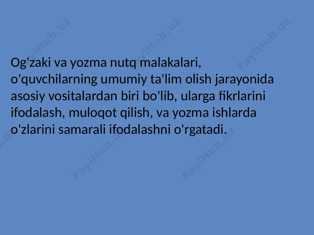 ng muhim qismidir. og'zaki va yozma nutqni rivojlantirishning samarali usullari o'quvchilarga o'z fikrlarini to'g'ri va aniq ifodalashni o'rgatadi, ular uchun o'z-o'zini ifodalash imkoniyatlarini yaratadi. o'quvchilarni nutq madaniyatiga o'rgatish, nutqni to'g'ri va samarali qurish uchun turli metodlarni tatbiq etish, ta'limda yuqori natijalar olishga olib keladi. shuning uchun, og'zaki va yozma nutq malakalarini shakllantirish jarayoni ona tili ta'limining ajralmas qismi bo'lib, kelajak avlodni sifatli ta'lim olishga tayyorlashda muhim rol o'ynaydi.