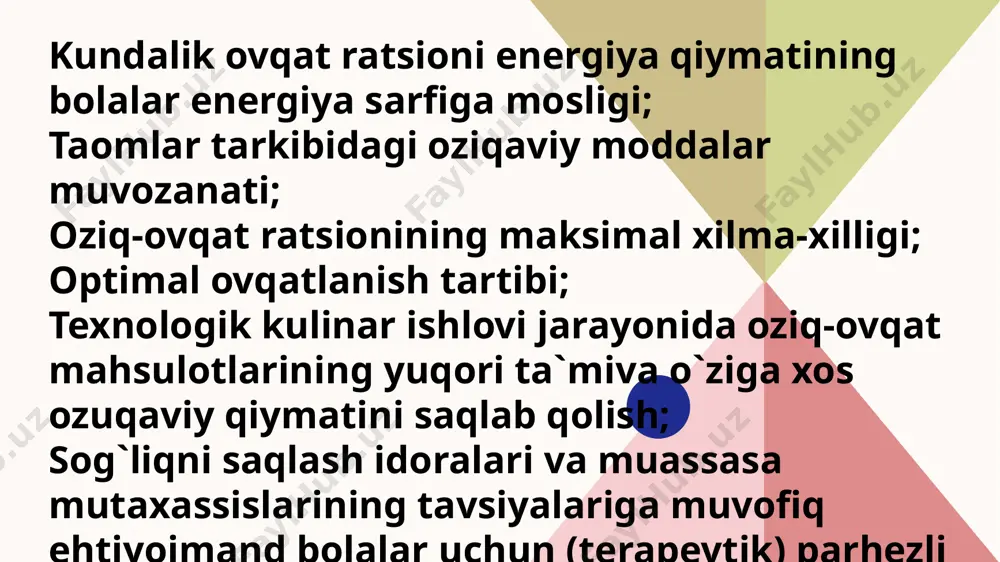 omida asossiy ovqatlanish (nonushta, tushlik, kechki ovqat) har3,5-4 soatda berilishi kerak. sutkalik ovqatlanishda kunlik ovqatlanishning kalloriya miqdorini taqsimlash quyidagicha bo`lishi kerak: kuniga 3 mahal (9-10,5 soatlik muassasada qolish)- kunlik ovqatlanish umumiy kalloriya miqdorining : nonushta uchun 20-25%, tushlik 30-35%, tushdan keyin choy-25 %, uyda kechki ovqat 20-25%; kuniga 4 mahal ovqatlanish (12 soatlik muassasada qolish): nonushta uchun-20-25%, tushlik-30-35%, tushdan keyin choy-10-15%, kechki ovqat-20-25%, uyda kechki ovqat-15%; 24 soatlik muassasada qolish sharoitida: yotishdan 1 soat oldin, bolalarga bir stakan sut yoki achitilgan sut mahsulotlari va bulochka yoki pechenye (kunlik ovqatlanish umumiy kalloriya miqdorining 10%) berilishi kerak. oziq ovqat kimyoviy tarkibi jihatidan yumshoq-avaylovchi bo`lishi kerak: o`tkir, achchiq ta`mli ziravorlar (xren, qalampir, xantal, sirka va ular qo`shilgan oziq-ovqat mahsulotlari), quruq konsentratlar ko`rinishdagi sharbatlar va ichimliklar ichimliklar ishlatilmaydi. ratsionga bir kunda, shuningdek ketma-ket 2 kun davomida bir xil nomdagi taomlar va garnirlar kiritilmaydi. umumiy o`rta ta`lim muassasasi o`qituvchilari ratsioniga qaynatilgan kalbasa va sosiskalarning oily …