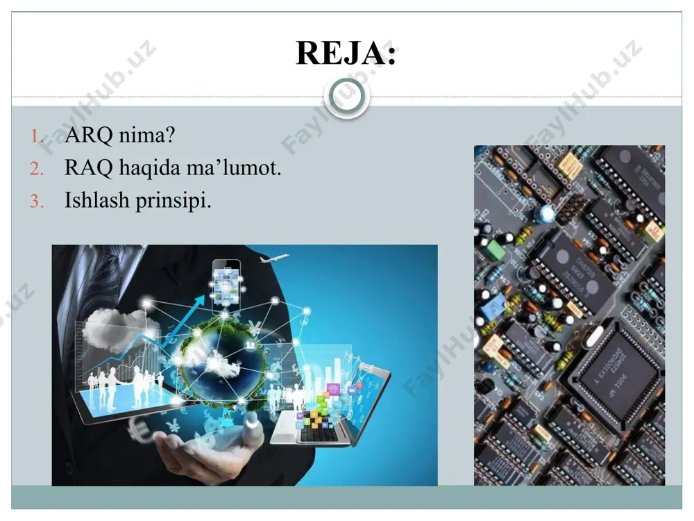 alladi. signallarni yozib olish va ko'paytirish uchun zamonaviy qurilmalar raqamli qurilmalardan foydalanmasdan ham tasavvur qilib bo'lmaydi. raqamli qurilmalar maishiy texnikada boshqarish uchun keng qo'llaniladi. umumiy ma’lumotlar analogli signallarni ketma-ket keluvchi impulslar orqali tasvirlashda interval qancha kichik olinsa, aniqlik shuncha yuqori bo‘ladi. biroq bunda raqamli signallar soni ortib ketadi. shu sabali signallar qulay yechim sifatida v.a.kotelnikov teoremasi orqali diskretlanib beriladi. diskretlash davrida signalning sanoq qiymtlari turlicha bo‘ladi. signal sathiga muvofiq ravishda kvantlash usuli bilan signalning sanoq qiymatlarini raqamli signallarga aylantirish mumkin. signalni diskretlash va kvantlash analogli signalni raqamli signalga aylantiruvchilar arq orqali amalga oshiriladi. aksincha, raqamli signaldan analogli signalni tiklash raqamli signalni analogli signaga aylantiruvchilar raq yordamida bajariladi. ishlash prinsipi ishlash prinsipi umumiy ma’lumotlar signallarni analogdan raqamli shaklga o'tkazishda quyidagi jarayonlarni ajratib ko'rsatish mumkin: diskretlash kvantlash kodlash diskretlash jarayoni doimiy signaldan individual qiymatlarni tanlashni o'z ichiga oladi, ya’ni muayyan intervaldan keyingi vaqt momentlariga mos keladigan t tanlab olinadi. t - vaqt …