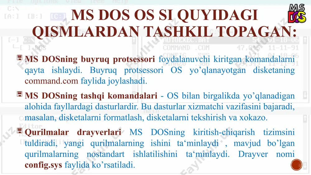 diskka quyilgan belgini ko’rish katalogni o’chirish va buyrug'ini kiriting rd fayl yaratish uchun quyidagi buyruqdan foydalaning: copy con faylni ko'rish uchun buyruqni kiriting:type quyida vera.txt faylini d diskidan: 100a katalogidan d: diskdagi 100a katalogiga vera1.txt yangi nomi bilan a2 quyi katalogidagi 100a katalogiga nusxalash misoli keltirilgan. dos ning tashqi buyruqlari attrib -fayl holatini ko’rsatish yoki o’zgartirish basko’p -fayllarning arxiv nusxalarini yaratish command -ms dos protsessorini ishga tushirish diskcomp -disklarni solishtirish format -disklarni formatlash graphics -ekrandagi tasvir nusxasini bosmaga tayorlash help -dos buyruklari haqida ma‘lumot olish mirror -fayllarni uchirishni nazorat qilish sys -tizim fayllarini ishga tushirish undelete -uchirilgan fayllarni tiklash unformat -formatlangan diskni kayta tiklash dos taqlif satri komandalar satri deb ataladi. komandani kiritish uchun uni komandalar satriga klaviaturadan terib [enter] tugmachasini bosish kerak. dos komandalari lotin alifbosida teriladi. komandalar satri komandalarni kiritishda quyiidagi tugmachalardan xatolarni to’g’rilash uchun foydalanish mumkin: [del] -joriy belgini olib tashlaydi, [backspace] - kursordan chapdagi belgini uchiradi, …