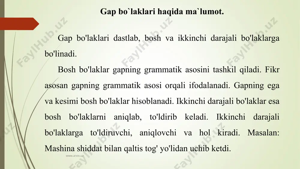 r. kesim turli so'z turkumlari bilan ifoda qilinadi. tuslangan fellar ikki sastavli gaplarning kesimi uchun tipik formadir. odatda, gap bir so'z orqali ham ma'lum intonasiya yordamida ifodalanishi mumkin. bir sastavli gapda predikativli struktura jihatidan ko'pincha kesim orqali ro'yobga chiqadi. demak, kesim egasi maxsus so'z orqali ifodalanmagan gapda ham mavjud bo'ladi. gapda predikativligini anglatish har vaqt egani izohlashga asoslana bermaydi. ifodaning musbiy tugalligini yuzaga keltirishda kesim asosiy rol o'ynaydi. www.arxiv.uz www.arxiv.uz kesim so'z yoki so'zlar birikuvi bilan ifodalanadi. bunday kesimli gaplar ikki xil konstruksiyada bo'ladi. birinchi xil konstruksiya ikki sastavli gap bo'lib, ularda keisim ma'lum ega to'g'risidagi xukumni ifodalaydi. demak, ikki sastavli gaplardagi kesim egani izohlab, unga tobe bo'lib keladi. kesimni bir tarkibli gaplarda kesim yolg'iz ifodalanib, egaga bog'lanmaydi, chunki eganing o'zi ifodalanmaydi. bunga gaplarda kesimdan anglashilgan bo'lishli yoki bo'lishsiz ish-harakat, xolat yoki biror belgi maxsus bir predmetga-egaga bog'liq bo'lmaydi. shaxsi noma'lum, shaxsi umumlashgan gaplarda esa kesim ma'lum biror konkret shaxs …