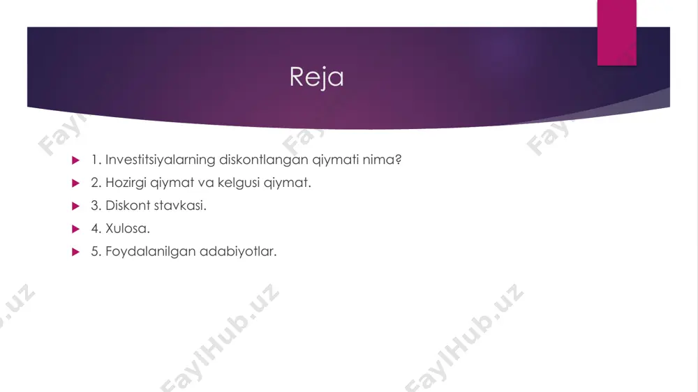 ochib bera olmasa ham, loyihaning haqiqiy samaradorligini aniqlashda asosiy xizmat vazifasini о‘taydi. https://azkurs.org/ishtixon-tuman-aholi-bandligiga-komaklashish-markazi-direktori.html https://azkurs.org/chapter-12-capital-budgeting-decisions-truefalse.html https://azkurs.org/-2015-yil-himoyaga-ruxsat-beraman-kafedra-mudiri.html https://azkurs.org/ni-otkazish-bosqichlari-va-suhbatni-boshlash-konsultatsiyani-o.html investitsiyalarning diskontlangan qiymati – bu kelajakdagi pul oqimlarini hozirgi qiymatga kelishi orqali investitsiyalarning qiymatini baholash usuli. ushbu usul kelajakdagi daromadlarni hozirgi kunninh narxiga qarab hisoblaydi. investitsiyalarning diskontlangan qiymati investetsiyalarning uzoq muddatli rentabilligini baholashda qo’llaniladigan muhim vosita hisoblanadi. u invetitsiyalarning haqiqiy qiymatini aniqlash va bozor narxidan faqr qilsa, investitsiya qilish yoki investitsiyalardan vos kechish haqida qaror qabul imkonini beradi. investitsiyalarning diskontlangan qiymati hozirgi qiymat va kelgusi qiymat hozirgi qiymat - bu bugungi kunda mavjud bo’lgan mablag’ning qiymatini bildiradi. masalan, bugun sizning hisobingizda 1000 so’m bor bo’lsa, bu sizning hozirgi qiymatingiz. kelgusi qiymat – kelgusi qiymat esa kelajakda ma’lum bir vaqtda mavjud bo’lgan mablag’ning qiymatini bildiradi. misol uchun, agar siz 1000 so’mni 5 % foiz stavkasi bilan bir yilga investitsiya qilsangiz, bir yildan keyin sizning kelgusi qiymatingiz 1050 so’m bo’ladi. diskontlash – bu kelgusi qiymatni hozirgi …