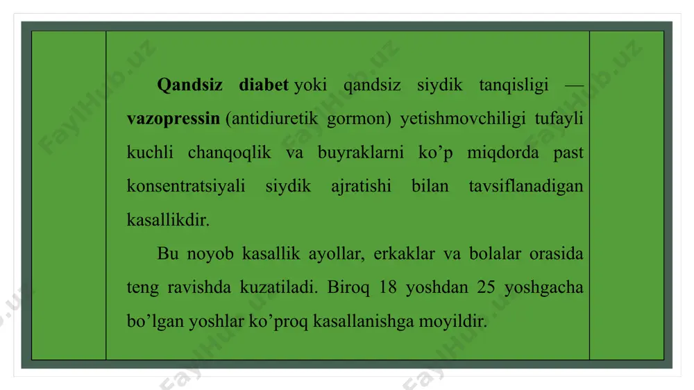 ʻp suyuklik ichadi (polidipsiya), ogʻzi quriydi. kasallikning bu belgilari tez orada zoʻrayadi, bemor bezovtalanadi, asabiylashadi. dard avjiga chiqqan davrda 1 kunda ajraladigan siydik miqsori nihoyatda oshib ketishi mumkin. bolalarda bu kasallik kechasi siyib qoʻyish (enurez) bilan boshlanadi. tez orada bemor ancha ozadi, organizmida minerallar almashinuvi buzilishi natijasida terisi quruqshab qoladi, sochlari sinuvchan, teztez toʻkiladigan, tirnoqlari moʻrt va uvalanadigan boʻlib qoladi koʻp miqdorda suv ichish ovqat hazm qilish tizimiga noxush taʼsir koʻrsatadi. meʼdaning hazm fermentlari ishlab chiqarish faoliyati izdan chiqib, surunkali gastrit, oʻt pufagi sekretor faoliyati buzilishi, ingichka va yoʻgʻon ichaklar harakatining izdan chiqishi, shilliq qavatlarga putur yetishi, doimiy qabziyat va boshqalar kelib chiqadi. haddan ziyod koʻp suv ichish meʼda’ devorining choʻzilib, hajmi kattalashishiga va meʼdaning pastga tushishiga olib keladi, bu meʼda atrofidagi aʼzolar faoliyatiga ham taʼsir qiladi. ayollarda hayz koʻrishning buzilishiga, erkaklarda jinsiy maylning susayishiga, bolalarda esa oʻsish va rivojlanishdan orqada qolish, jinsiy va jismoniy rivojlanishning kechikishi kabi holatlarga olib …