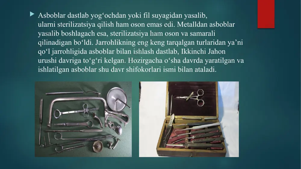 to’qimalarni tikishda yara qirralarini ishonchli mahkamlash uchun maxsus mo’ljallangan professional xirurgik tikuv asbobi. teri steplerlari - akusherlik va ginekologiyada, urologiya, ortopediya, travmatologiya, plastik xirurgiyada, kardiologiya va boshqa operatsiyalar uchun ishlatiladi. xirurgik steplerdan foydalanish jarrohlik yarasini tez va ishonchli tarzda yopish imkonini beradi, bu o’z navbatida yara qirralarining tez bitishi va birlashishiga yordam beradi va shu bilan operatsiya davomiyligini qisqartiradi. jarrohlik steplerlarini ishlatish ba’zi xavf omillari kelib chiqishi mumkin, jumladan yara xududiga bakteriyalar kirib qolishi, buning natijasida jarohatning bitishi yanayam qiyinlashadi. luerning qisqichi - gemoradial tugunlarni, ushlash uchun ishlatiladigan jarrohlik asbobidir. jarrohlik aspiratori - turli xil suyuqliklarni tezda olib tashlashga imkon beradigan qurilma troakar - plevra, qorin bo'shlig’i a’zolari operatsiyasi uchun qo’llaniladigan jarrohlik asbobi buyalskiy asbobi – qorin bo’shlig’i yoki ko’krak bo’shlig’ida jarrohlik manipulyatsiyasi vaqtida, shuningdek ko’krak yoki qorin devorining yarasiga tikuv qo’yish paytida ichki organlarni (ingichka va yo’g’on ichaklar, oshqozon) himoya qilish va orqaga surish uchun mo’jallangan xirurgik asbob. xirurgiyada …