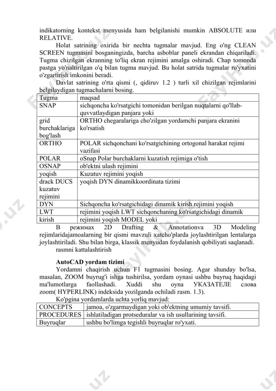 yruq" so'zidan keyin:menyular, panel tugmalari va asboblar palitrasi bilan ishlaydigan buyruqlar ko'rsatiladi. buyruq satri foydalanuvchi tomonidan klaviaturadan kiritilgan barcha ma'lumotlarni ko'rsatadi. chizma buyruq satrida ko'rsatilgan buyruqlar yordamida tuziladi. chizilgan paytda buyruq satrini doimo kuzatib boring! buyruqning yuqorisida oynada belgilangan operatsiyalarni bajarish protokoli qayd etiladi. yozuvlarni sichqoncha g'ildiragi yoki o'q bilan ro'yxatni siljitish orqali ko'rish mumkin. buyruqning oynasi f2 tugmasini bosib matn muharriri oynasi sifatida takrorlanishi mumkin f2. matn oynasining buyruq satrida yangi buyruqlar ham kiritilishi mumkin. buyruq satri oynasining kontekst menyusida "recent commands" elementi mavjud. unda siz oxirgi buyruqlardan birini takrorlashni tanlashingiz mumkin. ekranning eng pastki qismida holat satri(, qidiruv 1.2). shakl. 1.2. chapdagi holat satrida koordinatalar indikatori mavjud. sichqoncha ko'rsatkichining joriy uch o'lchovli koordinatalarini ko'rsatadi. koordinatali rasmda znolga teng, chunki autocad classic rejimida мы работаем на плоскости xy tekisligida ishlaymiz. ko'rsatkich uchta displey rejimida ishlashi mumkin: dinamik mutlaq dekart koordinatalari; statik mutlaq dekart koordinatalari; dinamik nisbiy polar koordinatalari. dinamik …