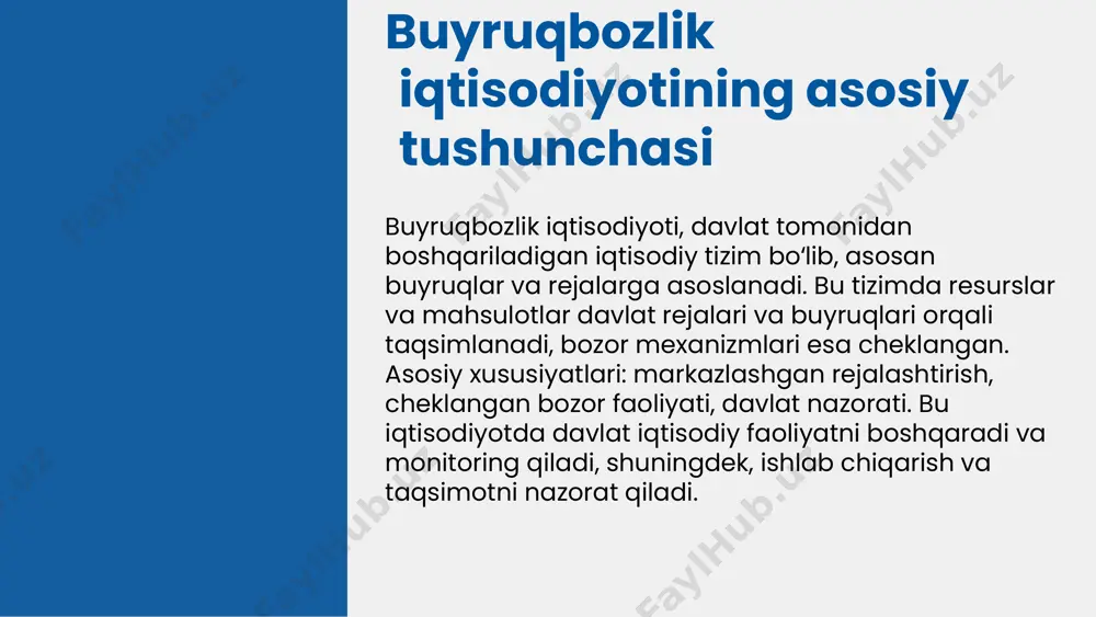 versifikatsiya va raqamli texnologiyalarga asoslangan strategiyalar muhim. bu usullar iqtisodiy barqarorlikni ta'minlaydi. misollar sifatida davlat tomonidan boshqariladigan sanoatlarni kengaytirish va markazlashgan boshqaruvni ko'rsatish mumkin. bu usullar samaradorlikni oshiradi va iqtisodiy nazoratni kuchaytiradi. buyruqbozlik iqtisodiyoti: asosiy farqlar buyruqbozlik va bozor iqtisodiyotlarining boshqaruv usullari farq qiladi. buyruqbozlikda davlat barcha resurslarni nazorat qiladi, bozor iqtisodiyotida esa bozor kuchlari va narxlar muhim rol o'ynaydi. resurslarni taqsimlashda buyruqbozlikda davlat belgilab, narxlar markaziy boshqaruv orqali belgilanadi. bozor iqtisodiyotida esa narxlar va bozor talabiga ko'ra erkin belgilanadi. ijtimoiy natijalar: buyruqbozlikda barqarorlik va tenglik ko'proq, lekin innovatsiya va raqobat cheklangan. bozor iqtisodiyotida esa raqobat va innovatsiya rivojlanadi, ammo tengsizlik va noaniqlik oshadi. misollar: sobiq sovet ittifoqi buyruqbozlik tizimiga misol bo'lsa, aqsh va yevropa mamlakatlari bozor iqtisodiyotiga misol bo'la oladi. bozor iqtisodiyoti: xususiyatlar bozor iqtisodiyotining asosiy xususiyatlari erkin raqobat va narxlarning talab va taklif orqali shakllanishidir. bu tizimda resurslar samarali taqsimlanadi va bozor narxlari iqtisodiy faoliyatni boshqaradi. iste'molchilar va …