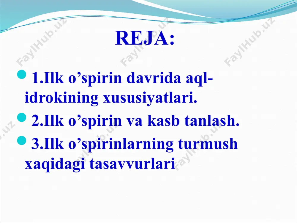 iyoti tugallanadi. odatda bu yoshda yurak va qon tomirlarning rivojlanishida o‘smirlarga xos bo‘lgan notekislik endi tekislashadi, qon bosimi baravarlashadi, ichki sekretsiya bezlari bir me’yorda bo’ladi. ilk o‘spirinlik davrini ikkinchi olish davri deb hisoblash mumkin. agar birinchi olish davri ko‘proq bolalikka yaqin bolsa, ikkinchi olish davrida bolgan o‘spirin ko‘proq yoshlik davriga yaqindir va shu jihatidan o‘rganiladi hamda tadqiq etila boshlaydi. rus psixologi l.s.vigotskiy 1920-yillardayoq ilk o‘spirinlar haqida nazariyalar ko’pligini ta’kidlagan edi. ilk o‘spirinlar haqida 3ta yirik yo’nalishlarni ajratib ko’rsatish mumkin. birinchi yo’nalish biogenetik yo‘nalish deb ataladi, uning asosida yetilishning biologik jarayonlari yotadi. ikkinchi yo’nalish sotsiogenetik yo’nalish deb ataladi, unda asosiy e’tibor ijtimoiylashuvga qaratiladi. uchinchi yo‘nalish psixogenetik deb atalib, uning asosida psixik jarayonlar va funksiyalarning rivojlanishi yotadi. taraqqiyotning biogenetik nazariyalarida rivojlanishning biologik determinantlariga asosiy urg‘u beriladi. rivojlanish jarayonining o‘zi bosqichlari universal bolgan yetilish sifatida talqin etiladi. bu yo‘nalishning yorqin namoyandalaridan biri xx asr amerikalik psixolog s.xolldir. uning ta’kidlashicha, rivojlanish psixologiyasining asosiy qonuni …