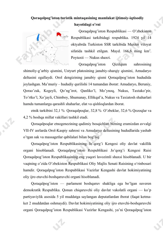 i organi — ko’p partiyaviylik asosida 5 yil muddatga saylangan deputatlardan iborat (faqat ketma-ket 2 muddatdan oshmaydi). davlat hokimiyatining oliy ijro etuvchi-boshqaruvchi organi qoraqalpog’iston respublikasi vazirlar kengashi, ya’ni qoraqalpog’iston respublikasi hukumati hisoblanadi. qoraqolpog’istonda o’zbekiston respublikasi konstitutsiyasi bilan bir vaqtda qoraqolpog’iston oliy kengashining 1993 yil 9 aprrelidagi 12-chaqiriq 12-sessiyasida qabul qilingan qoraqalpog’iston respublikasi konstitutsiyasiga amal qilinadi. qoraqalpog’iston o’z davlat ramzlari: gerb, madhiya va bayrog’iga ega. qoraqalpoqlarning aksariyat qismi 17 — 18-asrning o‘rtalarida sirdaryoning o‘rta va quyi oqimlarida yashagan. 18-asrning o’rtalarida siyosiy voqealar, ya’ni qozoq xoni abulxayrxon qoraqalpoq yerlariga hujum qilishi oqibatida ular sirdaryo deltasidagi g’arbiy tarmog’i — janadaryo bo’ylariga ko’chib o’tdilar va amudaryoning quyi oqimida yashovchi qoraqalpoqlar orol o’zbeklari bilan birlashib, markazi dastlab qo’ng’irot, so’ngra shohtemir (hoz. chimboy) bo’lgan davlat (orol mulkini) tuzdilar. qoraqalpoqlar asosan, chorvachilik, dehqonchilik va baliq ovlash bilan shug’ullanganlar. qoraqalpog’iston qizilqum cho’lining shimoliy-g’arbiy, ustyurt platosining janubiy-sharqiy qismi va amudaryo deltasida joylashgan. orol dengizining janubiy qismi qoraqalpog’iston hududida. qizilqumning …