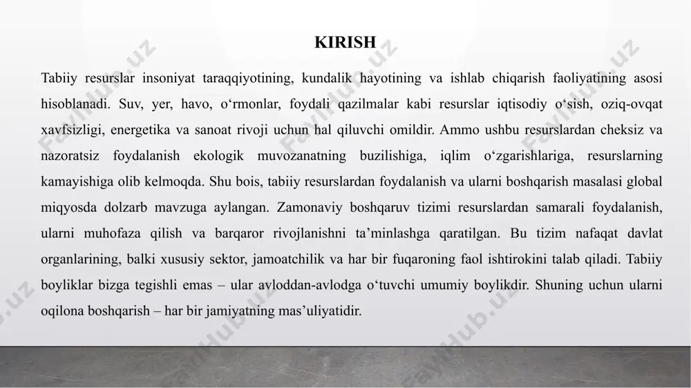 ishi ularning kamayishi va tabiiy muvozanatning buzilishiga olib keladi. bu ayniqsa neft, gaz va o‘rmon resurslariga taalluqlidir. iqlim o‘zgarishi — global isish va iqlim sharoitlarining o‘zgarishi tabiiy resurslarga, xususan suv zaxiralari va qishloq xo‘jaligi yerlari holatiga salbiy ta’sir ko‘rsatadi. degradatsiya va ifloslanish — sanoat chiqindilari, qishloq xo‘jaligi kimyoviylari va boshqa zararli omillar tuproq, suv va havo sifatini yomonlashtiradi, resurslarning sifatini pasaytiradi. resurslar taqsimotidagi tengsizlik — tabiiy boyliklar dunyo bo‘ylab, hatto hudud ichida ham noteng taqsimlangan, bu esa ijtimoiy va iqtisodiy muammolarga sabab bo‘ladi. boshqaruv tizimining asosiy maqsadlari boshqaruv tizimining asosiy maqsadlari: resurslardan oqilona foydalanish — tabiiy boyliklarni isrof qilmasdan, ularni tejab va samarali ishlatish orqali kelajak avlodlarga saqlab qolish. atrof-muhitga salbiy ta’sirni kamaytirish — sanoat, qishloq xo‘jaligi va boshqa faoliyatlar natijasida paydo bo‘ladigan ifloslanish va zararli ta’sirlarni minimal darajaga tushirish. iqtisodiy foyda va ekologik barqarorlikni uyg‘unlashtirish — iqtisodiy rivojlanish bilan birga atrof-muhitni muhofaza qilishni ta’minlash, ya’ni barqaror rivojlanishni qo‘llab-quvvatlash. boshqaruvning …