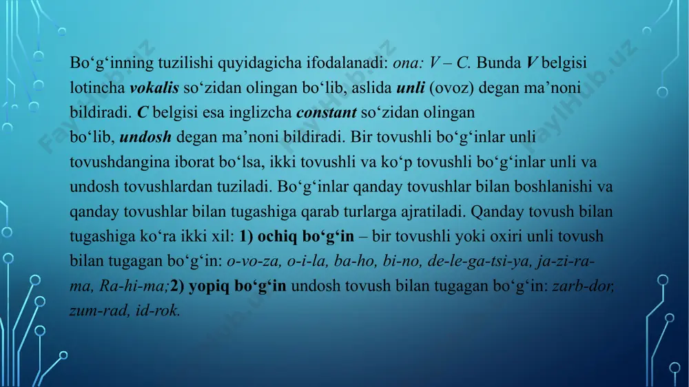 rg’u deb ham yuritiladi. logik urg’uning qaysi so’zga tushishi so’zlovchining maqsadi va niyatiga bog’liq bo’ladi. so’zlovchi uchun muhim bo’lgan so’zning ma’nosini kuchaytirish uchun u alohida ohang bilan aytiladi. 1 sentyabr – mustaqillik bayrami. 1 sentyabr – mustaqillik bayrami.1 sentyabr – mustaqillik bayrami. umuman olganda, nutqining ifodaliligi va tushunarligini ta’minlashda urg’uning o’rni beqiyos. intonatsiya! intonatsiya – og’zaki nutqning ritmik-melodik tomoni, undagi ovoz (ton) tovlanishlari. intonatsiya bir qator supersegment elementlar (ovoz toni, melodika, ritm, tembr, pauza, temp va boshqalar) ishtirokida tarkib topadi va gap mazmunining, undagi emotsional-ekspressiv jihatlarning ifodalanishida muhim rol o’ynaydi. demak, intonatsiya og’zaki nutqning majburiy fonetik komponentidir, usiz gap yoki nutq shakllanmaydi va ifodalanmaydi. tilshunoslikning intonatsiya yoki intonema bilan shugul-lanuvchi sohasi intonologiya deyiladi. har qanday nutq harakatdir, bu harakat esa albatta ma‘lum intonatsiya bilan qo’shilib, qorishib yuzaga keladi: nutqning toni, sur‘ati, pauzalari, tonning balandligi va kuchi gapning mazmuni va emotsionalligi talablaridan kelib chiqqan holda o’zgarib, tovlanib turadi. demak, intonatsiyasiz gap …
