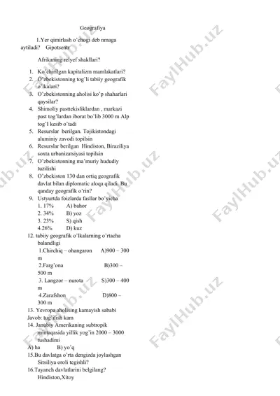 geografiya attestatsiya test savollari — DOCX