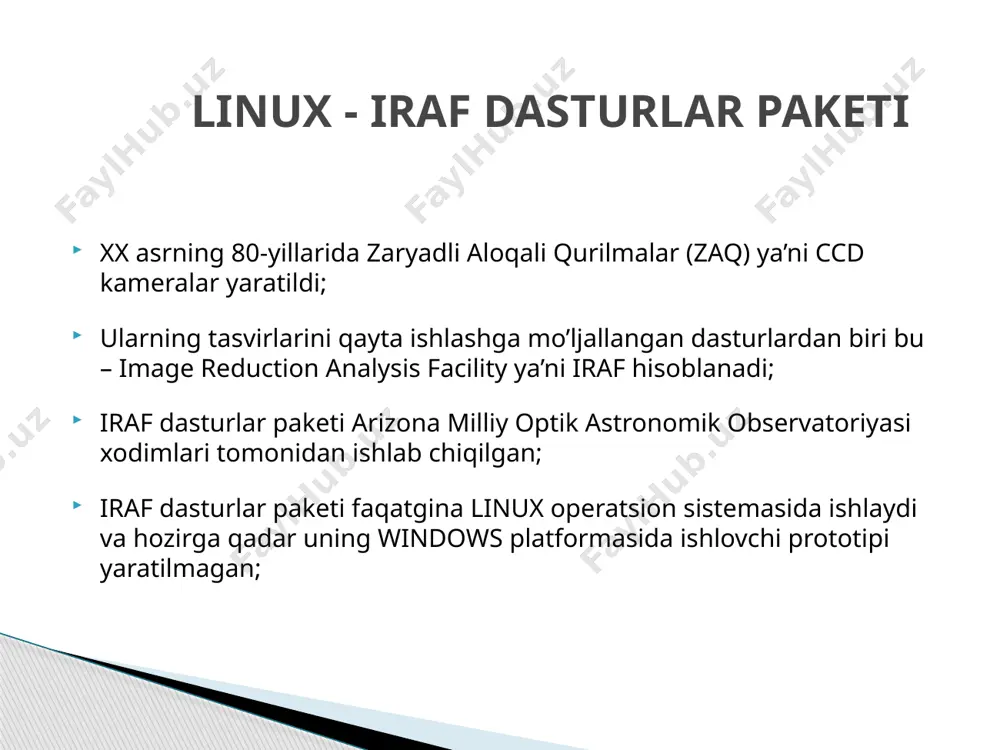 yuklab olinadi; keyin cl> ? komandasi orqali iraf dasturlar paketi menyusi ochiladi; iraf > noao > imred > ccdred ccdred dasturlar paketi zerocombine sozlanmasi zerocombine > superbias bias 1 bias 2 bias 3 super bias darkcombine sozlanmasi darkcombine > superdark dark 1 dark 2 dark 3 super dark flatcombine sozlanmasi flatcombine > superflat flat 1 flat 2 flat 3 super flat ccdproc sozlanmalari ccdproc dan oldin va keyin ccdproc dan oldin ccdproc dan keyin noao > digiphot > daophot > daoedit fwhm va sigma ning qiymatini aniqlash qayta ishlanishi lozim bo’lgan tasvir da> disp komandasi orqali ds9 oynasiga yulkanadi; keyin da> daoedit komandasi yurgiziladi; qayta ishlash uchun tanlangan tasvirdagi o’rganilishi lozim bo’lgan yulduzlar ustuga sichqoncha ko’rsatgichi olib borilib, klaviaturadan a tugmachasi bosiladi; barcha kerakli ob’yektlar uchun bu operatsiya bajarilib bo’lingach, klaviaturadan q tugmachasini bosish orqali daoedit komandasi to’xtatiladi; ekranda esa tanlangan ob’tektlar uchun fwhm va sigma ning mos qiymatlari chiqadi; …