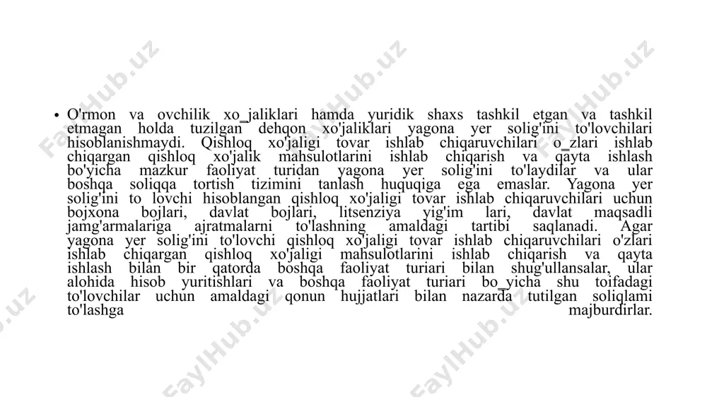 agi 235-sonli qarori bilan tasdiqlangan qishloq xo‘jaligi ekin maydonlarining normativ qiymatini aniqlash tartibi to‘g‘risidagi nizomda (keyingi o‘rinlarda – nizom) belgilangan. nizomning 9-bandiga muvofiq, normativ qiymatni aniqlash o‘zbekiston respublikasi yer resurslari, geodeziya, kartografiya va davlat kadastri davlat qo‘mitasining o‘zbek davlat yer tuzish ilmiy-loyihalash instituti «o‘zdaverloyiha» tomonidan amalga oshiriladi. normativ qiymat qishloq xo‘jaligi ekin maydonlarining sifatini hisobga olgan holda aniqlanadi. 1 gektar qishloq xo‘jaligi ekin maydonlarining normativ qiymatini aniqlashda quyidagi ko‘rsatkichlardan foydalaniladi: - tuproqning sifatini va tabiiy yem-xashak ekin maydonlari (pichanzorlar va yaylovlar)ni baholash ko‘rsatkichlari; - asosiy qishloq xo‘jaligi ekinlari va ko‘p yillik daraxtlar tuzilmasi; - qishloq xo‘jaligi ekinlari, ko‘p yillik daraxtlar va yem-xashakbop ekin maydonlarining normativ hosildorligi; - qishloq xo‘jaligi ekin maydonlarining normativ unumdorligi; - qishloq xo‘jaligi ekinlarining asosiy turlari bo‘yicha qishloq xo‘jaligi ishlab chiqarishining hisoblab chiqilgan foyda olishi; - dehqon bozorlarida sotiladigan qishloq xo‘jaligi mahsulotlari asosiy turlarining o‘rtacha yillik narxlari hamda paxta xom ashyosi va boshoqli don ekinlarining o‘rtacha xarid …