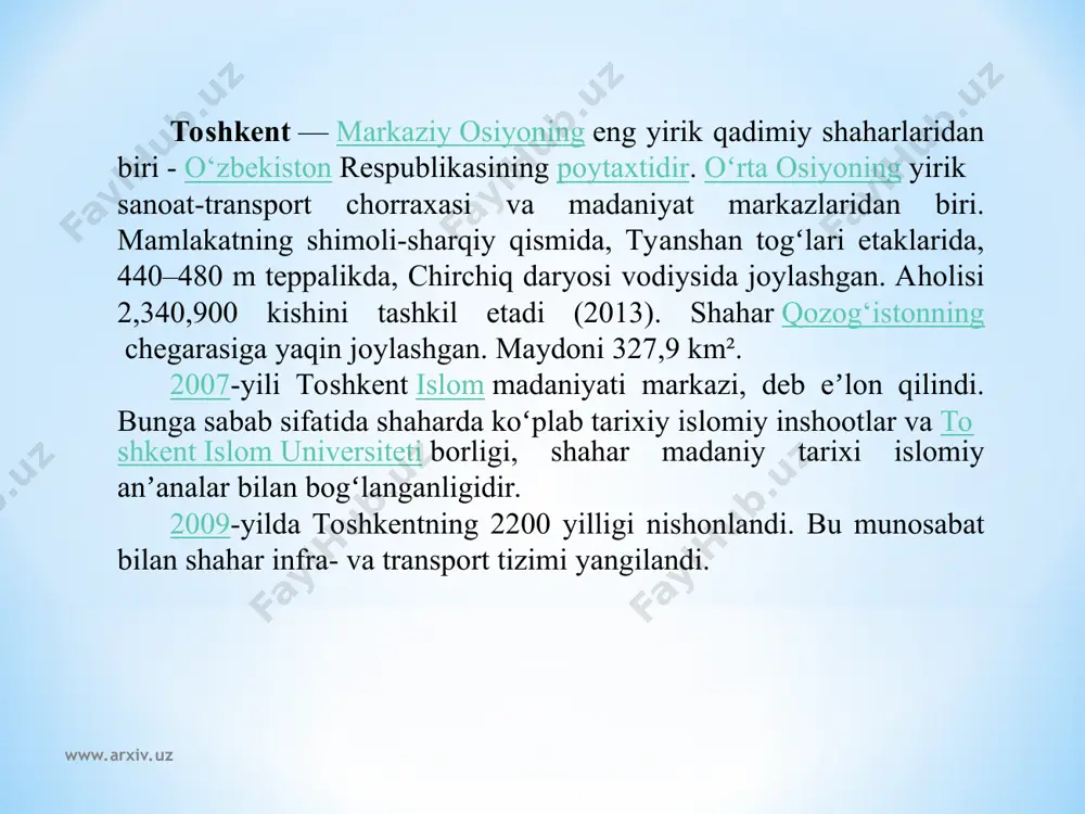 cho‘l yastanib yotadi. satellitdan olingan toshkent shahri koʻrinishi www.arxiv.uz www.arxiv.uz chirchiq daryosi havzasi o‘rta osiyoning qadimiy dehqonchilik va shahar madaniyatlari beshiklaridan biridir. uning hududida toshkentning markazi paydo bo‘lgan. joydan joyga ko‘chib turgan bu markaz qadimda va o‘rta asrlarda choch yoki shosh, keyin esa toshkent nomi bilan mashhur bo‘lgan. toshkent vohasida barcha tarixiy davrlarda suv mo‘l-ko‘l bo‘lgan. tarixan tarkib topgan kanallar tarmog‘i shaharni suv bilan taʼminlab turgan. shu bois shahar xech qachon suv taqchilligini sezmagan. buni o‘rta asrlardan to xix asrgacha toshkent to‘g‘risida yozgan mualliflar xamisha taʼkidlab kelganlar. bu yerdagi iqlim hozirgi odamlarning ajdodlari paydo bo‘lgan, yaʼni bir necha o‘n ming yil muqaddam mavjud bo‘lgan iqlimdan farq qilgan. issiq quruq yoz bilan yillik yog‘in miqdorining asosiy qismi yog‘adigan qahraton qish almashinib turgan. toshkentning tog‘ yonbag‘irlari va tekisliklar o‘simliklarga boy bo‘lib, ibtidoiy odamlar ovlaydigan yovvoyi hayvonlar juda ko‘p boʻlgan. ularning aksariyati, jumladan, arxar, jayron,qulon va asl bug‘u kabi hayvonlar yaqin vaqtda yo‘qolib …