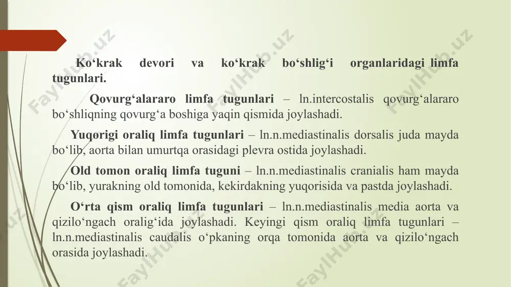 di. chambar ichak limfa tugunlari – ln.n.colici bir tuyoqlilarda esa 6000 tagacha bo‘ladi. ichak pardasining orqa tomon limfa tugunlari – ln.n.mesenterici caudalis ichak pardaning orqa tomon arteriyasi atrofida joylashadi hayvonlar organizmida barcha aʼzolar faoliyatini bir-biriga bogʻlagan holda hayotiy muhim funksiyalarni bajaradigan hamda organizmni tashqi muhit bilan bogʻlaydigan sistema. hayvonlar organizmining evolyutsiya jarayonida va organizmlar bilan tashqi muhit oʻrtasidagi murakkab munosabatlarning shakllanishida nerv sistemasi hal qiluvchi ahamiyatga ega. nerv sistemasi asosini nerv hujayralari tashkil qiladi. har bir hujayra oʻzidan chiqqan kalta shoxchalar (dendrit), bitta uzun tola (akson) bilan birga neyron deb ataladi. nerv sistemasi, asosan mavzu: nerv tizimini anatomik o’rganish № nervlarning nomi markazi joylashuvi innervatsiya zonasi 1 ensa nervi – n. occipitalis ser. 1 – 2 ensa–atlant bo‘gimi muskullari. 2 bo‘yinning quloq orti nervi – n.cervico–auricularis caudalis ser. 2 quloq suprasiga, quloq bezlariga 3 diafragma- n.phrenicus ser. 5 – 6 – 7 diafragma 4 ko‘krakning yuqori nervi – n. dorsalis …