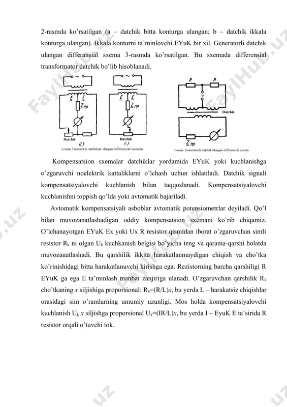 kish signallarini uzgartirib berish vazirashni bajariz. masalan, datchik signalini kuchaytirishi yoki uning chikish karshiligini ulchov asbobi kirish karshiligiga moslab beradi. bu usul sodda bulsada, kuprok xatoliklarga yul kuyadi. taqqoslash usullari esa yukorirok aniklikni va sezgirlikni ta`minlaydi. takkoslash usuli kuprok, differensial va kompensasion ulchash sxemalari yordamida amalga oshirilishi mumkin. r 1, r 2, r 3, r 4 aktiv karshiliklar. r 1 - r 4 karshiliklar kuprikning elkalari xisoblaydi 2-ta diogamma bulib, biriga manba ulansa, ikkipchisiga ulgov asbob ulanadi. r 1, r 2, r 3, r 4 shunday tuplanadiki, iy= 0: kuprikli sxema yordamida datchikni rx karshilichini ulchash mumkin. rx = r 2 * r 3 / r 1 rx - r 4 karshilik urniga ulanish mumkin. datchiklar kuprikli sxemasini 2-ta elkasiga (turli varianda) yoki 4-ta elkanga xam ulanishi mumkin. differensial o’lchash sxemalari diff ulchash sxemalar ikkita kushni koturlari iborat b-b, umumiy tarmokka ua ulanadi. diff ulchash sxemalari xam parametrik, ham generatorli …