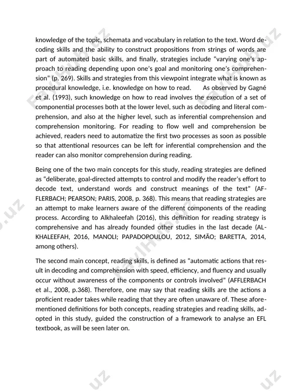 concepts, are presented in an esl (english as a second language) textbook, namely, the interchange series. moreover, considering sometimes conflicting information, this piece of research strives to clarify the differences between these concepts and suggests an approach to analyse the use of skills and strategies in a textbook. afflerbach,peter;pearson,david;paris,scott.clarifyingdifferences betweenreadingskillsandreadingstrategies.thereadingteacher,v.61,n.5,p.364-373,2008 1.1 reading strategies although reading strategies have become the object of numerous studies in the reading field, a clear-cut definition widely adopted in this field remains elusive. manoli and papadopoulou (2012) and afflerbach et al. (2008) pointed to the surge in the use of reading strategies linked to the following aspects of reading in the 90’s: control and deliberate direction of behaviour, which are an integral part of reading strategies but might not contemplate all its idiosyncrasies as it can be noticed in the different uses of this concept in the literature and studies focusing on teaching strategies. among some …
