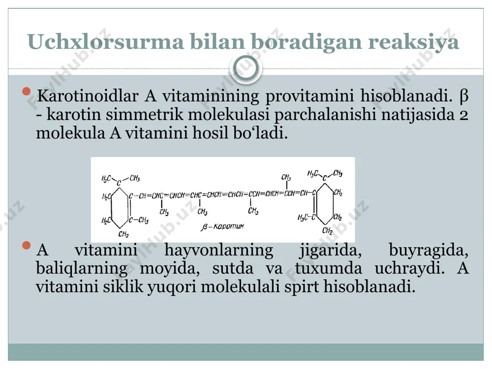 ‘yaladi. tokoferollar temir xlorid bilan oksidlanganda piran halqasining buzilishi amalga oshadi va oksialkilxinon hosil bo‘ladi. reaktivlar: a) vitamin e ning 0,15% li etil spirtidagi eritmasi, b) 0,2% li temir xloridning spirtli eritmasi (bu eritma qorong`u joyda saqlanishi kerak), v) ortofenantrolinning 5% li spirtli eritmasi. ishning bajarilishi: 1-2 ml vitamin e ning spirtli eritmasiga 1 ml ortofenantrolin qo‘shiladi va temir xlorid tomchilatib turiladi. bu ish qizil rang hosil bo‘lguncha amalga oshiriladi. vitamin k ga xos sifat reaksiyalari k vitamini qon ivishida asosiy omil hisoblanadi. vitamin k yashil o‘simliklarning xloroplastlarida sintezlanadi. uning molekulasi 2-metil 1,4-naftoxinon va fitol spirtidan tuzilgan. k vitamini karam, pomidor, qovoq, na’matakning mevasi, beda, petrushka, sabzi, yel va qarag`aylarda bo‘ladi. undan tashqari mol go‘shti, buyrak va jigarda bo‘ladi. anilin bilan boradigan reaksiya 2-metil1,4-naftoxinon anilin bilan reaksiyaga kirishib, 2-metil-3-fenilamino-1,4-naftoxinonni hosil qiladi va bu qizil rangli bo‘ladi. anilin bilan boradigan reaksiya reaktivlar: a) vikasol (0,1% li suvli eritmasi yoki metionin), 0,2% …