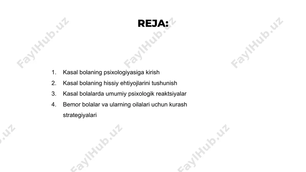 hbu psixologik reaktsiyalarni qulaylik, xotirjamlik va xavfsiz muhitni taklif qilish orqali hal qilish muhimdir. ularning his-tuyg'ularini tan olish orqali biz ularga engish va davolanishga yordam bera olamiz. oila va tibbiyot xodimlarining yordami kasal bolalarga o'z his-tuyg'ularini boshqarishda va tiklanish yo'liga ijobiy qarashda yordam berishda juda muhimdir. bemor bolalar va ularning oilalari uchun kurash strategiyalari venus is the second planet from the sun mercury is the closest planet to the sun jupiter is the biggest planet of them all 1 2 3 kasal bolalarni qo'llab-quvvatlashda o'yin terapiyasining roli kasal bolaning psixologiyasi murakkab, qo'rquv va tashvish kabi his-tuyg'ular ularni ko'pincha bosib oladi. o'yin terapiyasi hissiy qo'llab-quvvatlash va kasal bolalarni engishda yordam berishda hal qiluvchi rol o'ynaydi. o'yin terapiyasi orqali bolalar o'z his-tuyg'ularini va qo'rquvlarini xavfsiz va xavfli bo'lmagan muhitda ifoda etishlari mumkin. terapiyaning ushbu shakli, shuningdek, kasallik paytida ularning hissiy farovonligi uchun juda muhim bo'lgan nazorat va imkoniyatlarni kuchaytirish tuyg'usiga yordam beradi. …