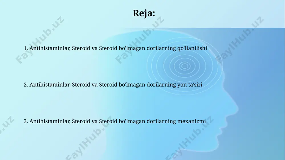 sir 2 baravar kuchayadi. xulosa va savollar nsaidlar (non-steroid yalligʻlanishga qarshi dorilar) turli xil kimyoviy tuzilishga ega boʻlib, taxminan 20 dan ortiq turdagi nsaidlar mavjud, ularning har biri oʻziga xos afzalliklari va kamchiliklariga ega. antihistaminiklarning 1-2 avlodi orasidagi farq, ularning yon taʼsirlari va samaradorlik koʻrsatkichlarida sezilarli farqlarni oʻz ichiga oladi, masalan, uyquchanlik darajasi va antikolinergik taʼsirlar. steroid bo‘lmagan yallig‘lanishga qarshi dorilar (nsaid): umumiy ma’lumot nsaidlarni uzoq muddatli qo‘llash oshqozon-ichak trakti shikastlanishi, buyrak yetishmovchiligi va yurak-qon tomir kasalliklari xavfini 1,5-2 baravar oshirishi mumkin. nsaidlarning 20 dan ortiq turli xil preparatlari mavjud bo‘lib, ularning har biri o‘ziga xos farmakologik xususiyatlarga ega. steroid dorilar: mexanizmi va qo‘llanilishi steroid dorilarning samaradorligi hujayra membranalarining barqarorlashuvi va yallig'lanish mediatorlari, masalan, sitokinlar va prostaglandinlar ishlab chiqarilishini bostirish orqali amalga oshiriladi. steroid dorilar, masalan, prednizolon, yallig'lanishga qarshi ta'sirini 1-2 kun ichida namoyon qiladi va gipokortizolni oldini olish uchun dozani asta-sekin kamaytirish kerak. antihistaminik, steroid va nsaidlarni qo‘llash bo‘yicha …