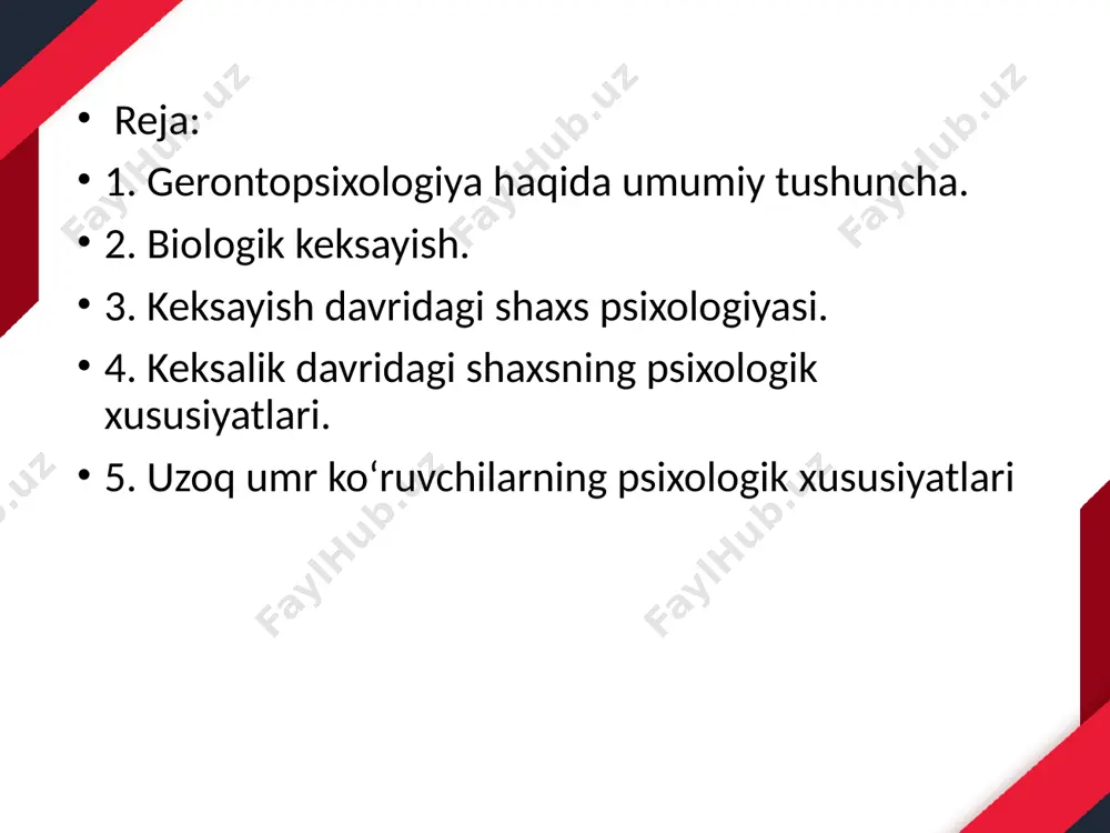 , boshqa psixik holatlar, jarayonlar juda kam tadqiq qilingan. hozir keksayish psixologiyasi ham gerontologiyaga, ham ongogenez psixologiyasi sohasiga taalluqli degan ikki xil ilmiy nazariya mavjud, vaholanki, ular o‘zaro bog‘liq bo‘lib, bir-birini doimo ilmiy axborot va ma’lumotlar bilan boyitib turadi. psixogerontologiya fanida gerontologiya, involyusiya, geriatriya, gerogigiena, geteroxronlik kabi ilmiy tushunchalar mavjud. gerontologiya — grekcha so‘z bo‘lib, keksayishning, keksalikning kelib chiqishi demakdir. geriatriya so‘zi keksaygan inson shaxsini davolashni bildiradi. involyusiya tushunchasi evolyusiyaning teskarisi bo‘lib, o‘sishdan orqaga qaytishni ifodalaydi. gerogigiena — keksaygan odamning salomatligini saqlash va mustahkamlash sohasidir. gerogigiena keksa odamlarda asab, ruhiy kasalliklarning oldini olish uchun xizmat qiladi. geteroxronlik bir xil yoshdagi odamlarda ruhiy jarayonlarning turlicha (har xil vaqt va muddatda) namoyon bo‘lishidir. psixogerontologiya fanida gerontogenezning evolyusion omillari qatoriga i.v.davidovskiy nasliy, ekologik, biologik, ijtimoiy alomatlarni kiritadi. d.bromley insonning qidirish sikli uchta bosqichdan iborat bo‘lishini ta’kidlaydi: 1) "ishdan, xizmatdan uzoqlashish" (iste’fo) — 66-70 yosh; 2) keksalik (70 va undan katta yosh), 3) munkillagan …